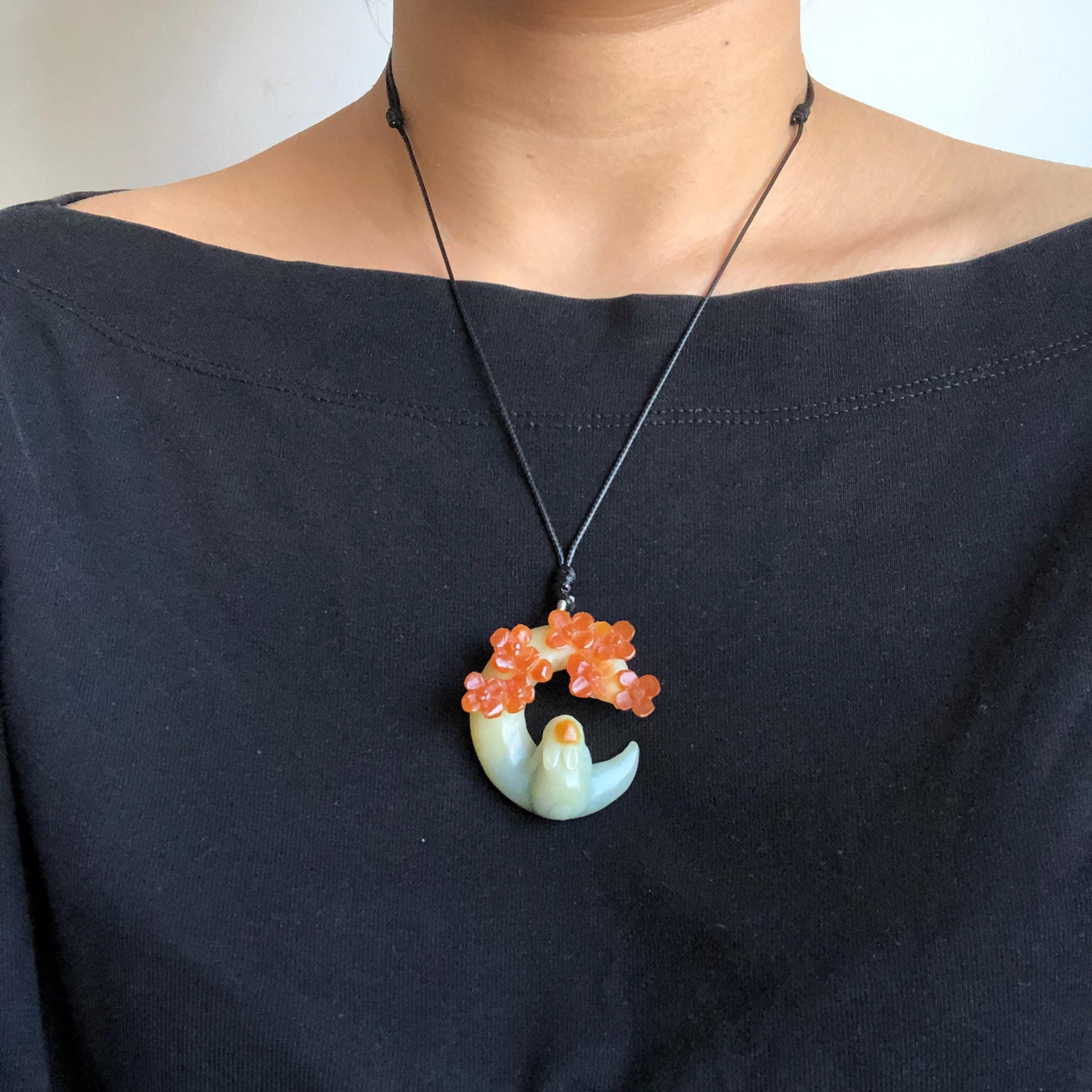 Certified Xiu Jade Pendant Necklace | Carved Moon Engraved Rabbit & Flower | Adjustable Choker Necklace | Serpentine Gemstone Gift for her, red jade pendant, yellow jade necklace, blue jade, jade carving, engraved jade charm, moon necklace