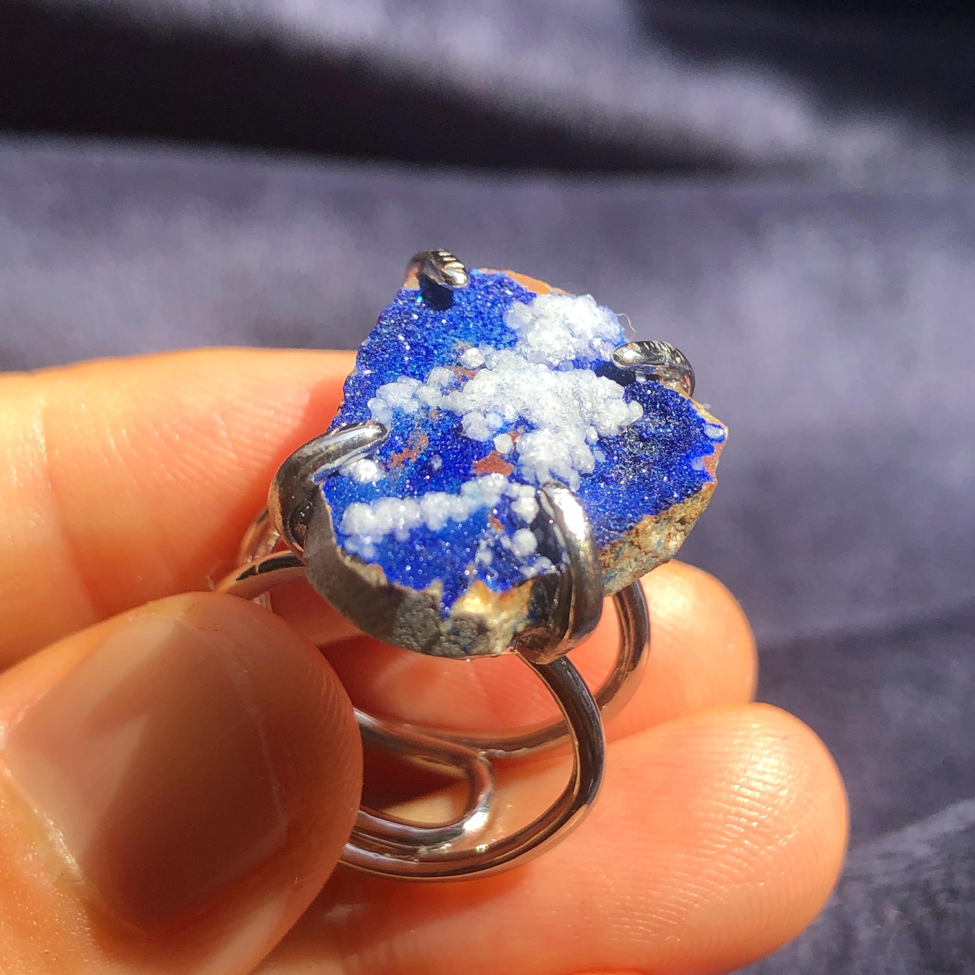 Raw Azurite with Gypsum plaster Ring, Shiny Raw Stone Ring Blue, Sparky Raw Crystal Ring, Irregular Statement Ring, Rough Gemstone Rock Ring, silver-plated copper ring, irregular ring gift for her and him, Birthstone ring gift for men and women