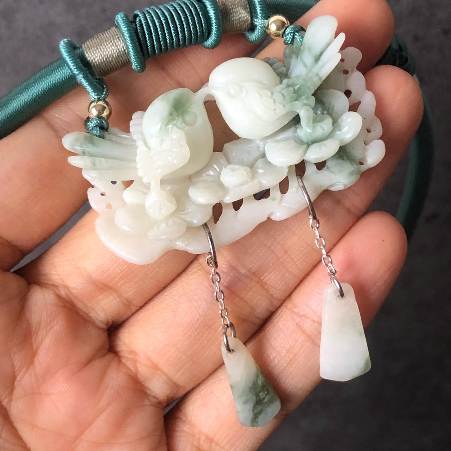 Certified Xiu Jade Hand Carved Magpie Birds Flower Pendant Adjustable Necklace | White & Green | Serpentine Stone Crystal Gemstone Jewellery