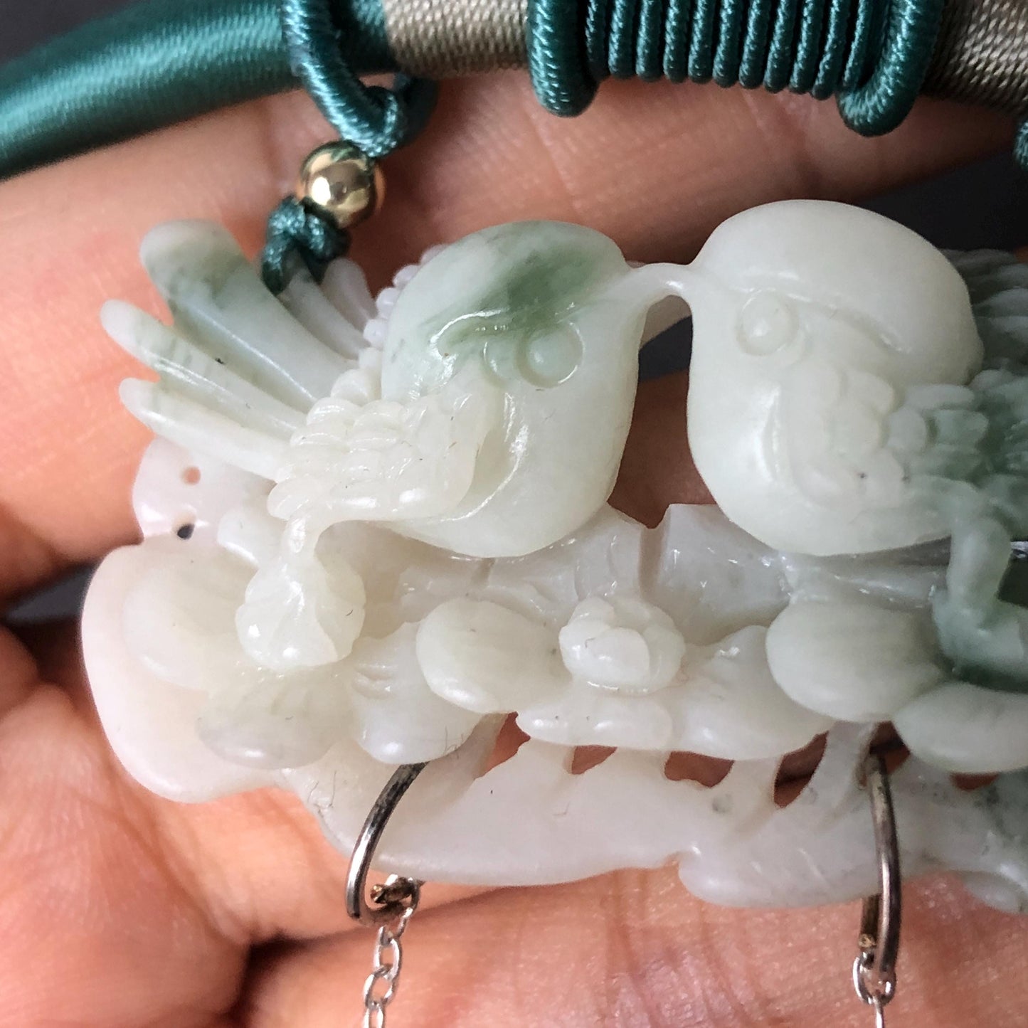 Certified Xiu Jade Hand Carved Magpie Birds Flower Pendant Adjustable Necklace | White & Green | Serpentine Stone Crystal Gemstone Jewellery