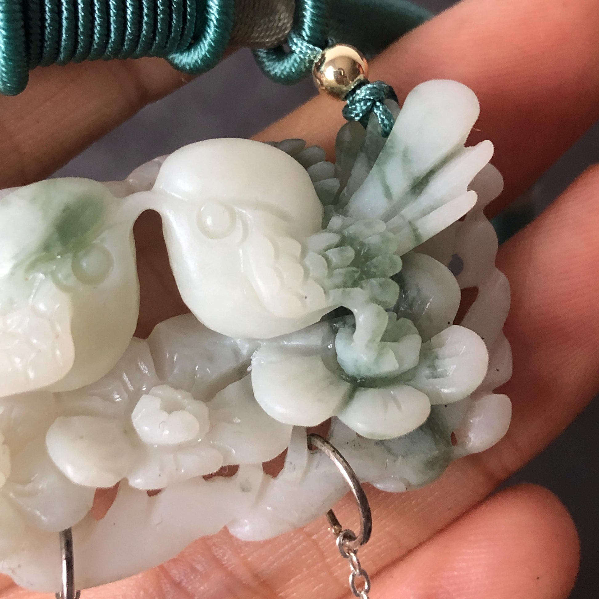 Certified Xiu Jade Hand Carved Magpie Birds Flower Pendant Adjustable Necklace | White & Green | Serpentine Stone Crystal Gemstone Jewellery