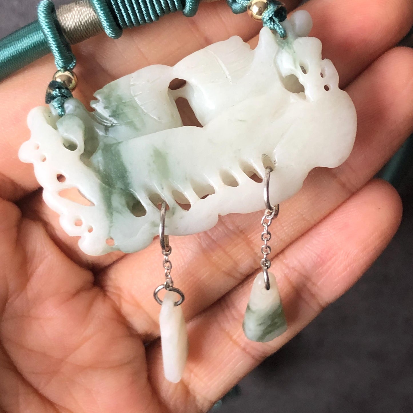 Certified Xiu Jade Hand Carved Magpie Birds Flower Pendant Adjustable Necklace | White & Green | Serpentine Stone Crystal Gemstone Jewellery