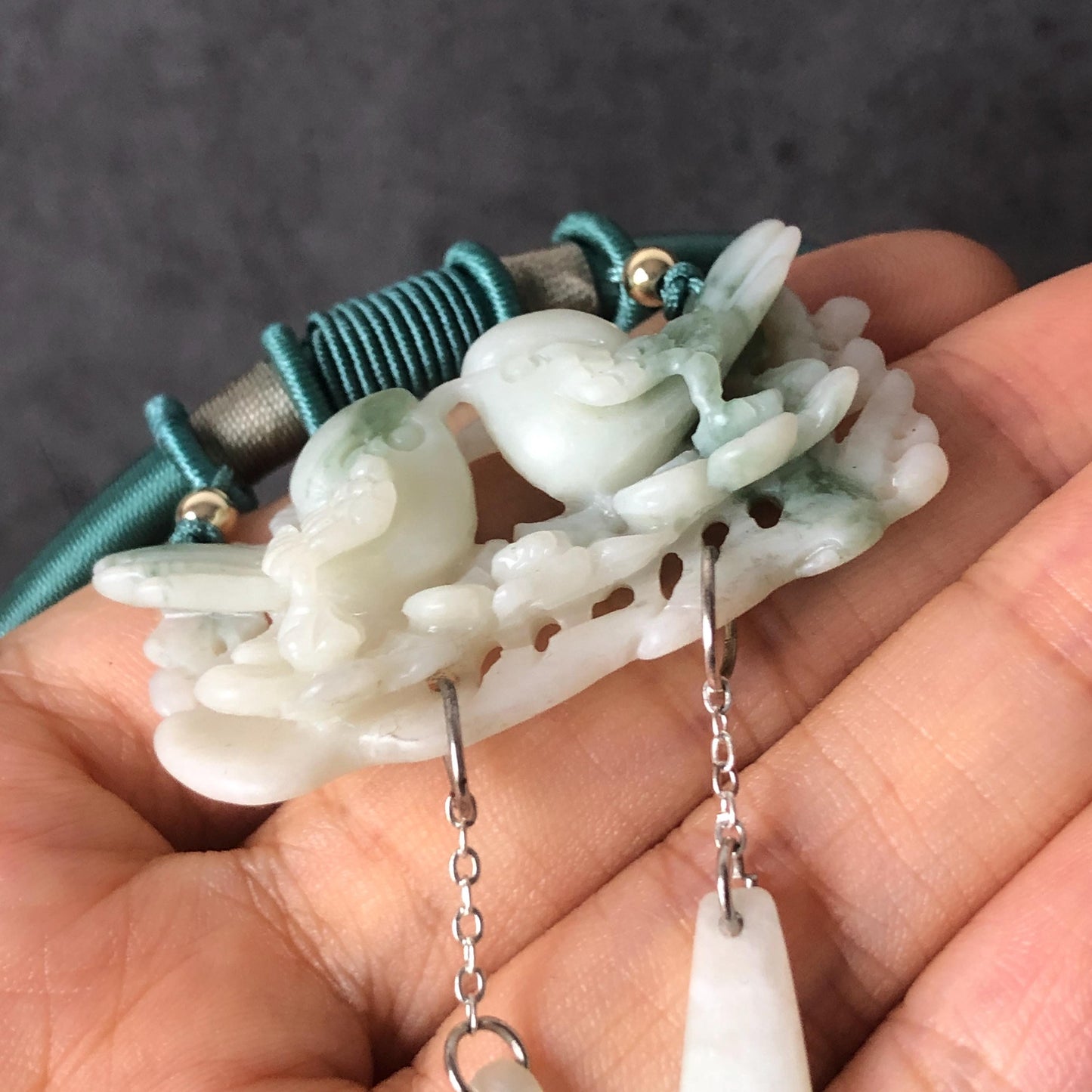 Certified Xiu Jade Hand Carved Magpie Birds Flower Pendant Adjustable Necklace | White & Green | Serpentine Stone Crystal Gemstone Jewellery