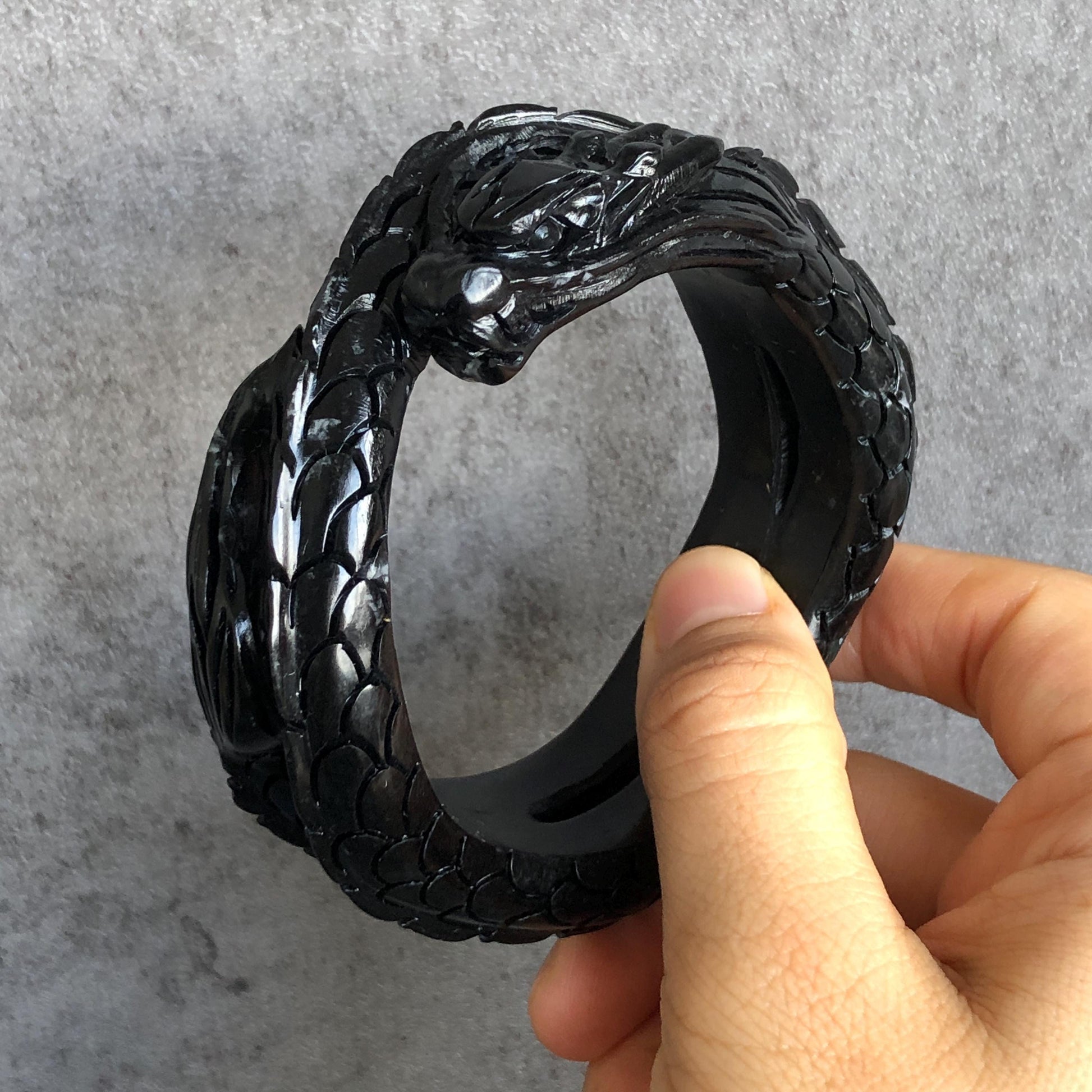 Customised size 48-70mm | 58.6mm Certificated Natural Xiu Jade Serpentine Hand Craved Black Dragon Bangle Bracelet Gift for Men & Women