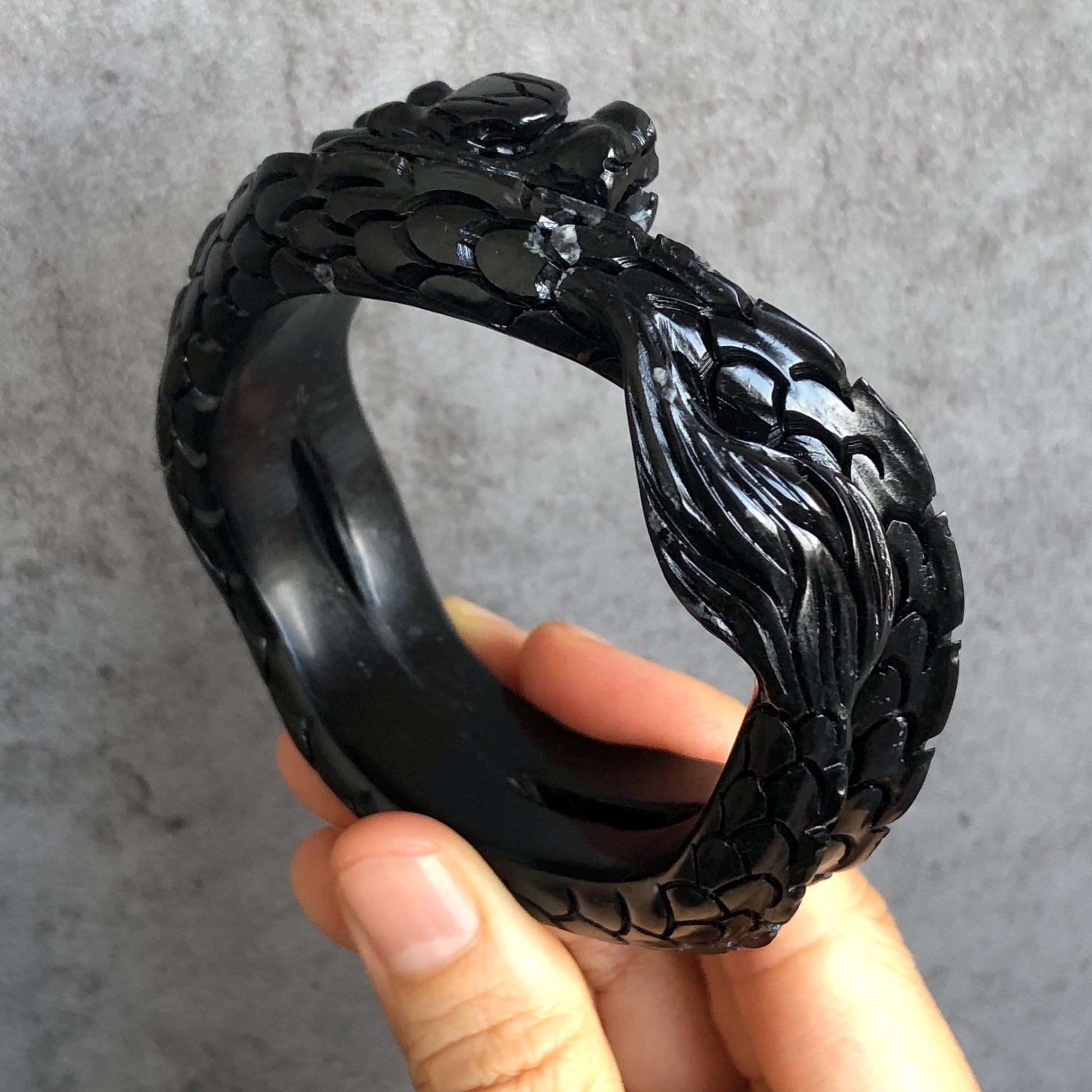 Customised size 48-70mm | 58.6mm Certificated Natural Xiu Jade Serpentine Hand Craved Black Dragon Bangle Bracelet Gift for Men & Women