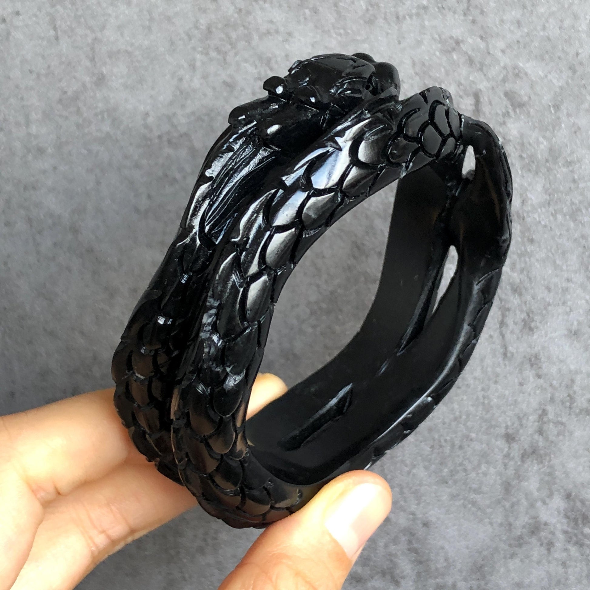 Customised size 48-70mm | 58.6mm Certificated Natural Xiu Jade Serpentine Hand Craved Black Dragon Bangle Bracelet Gift for Men & Women