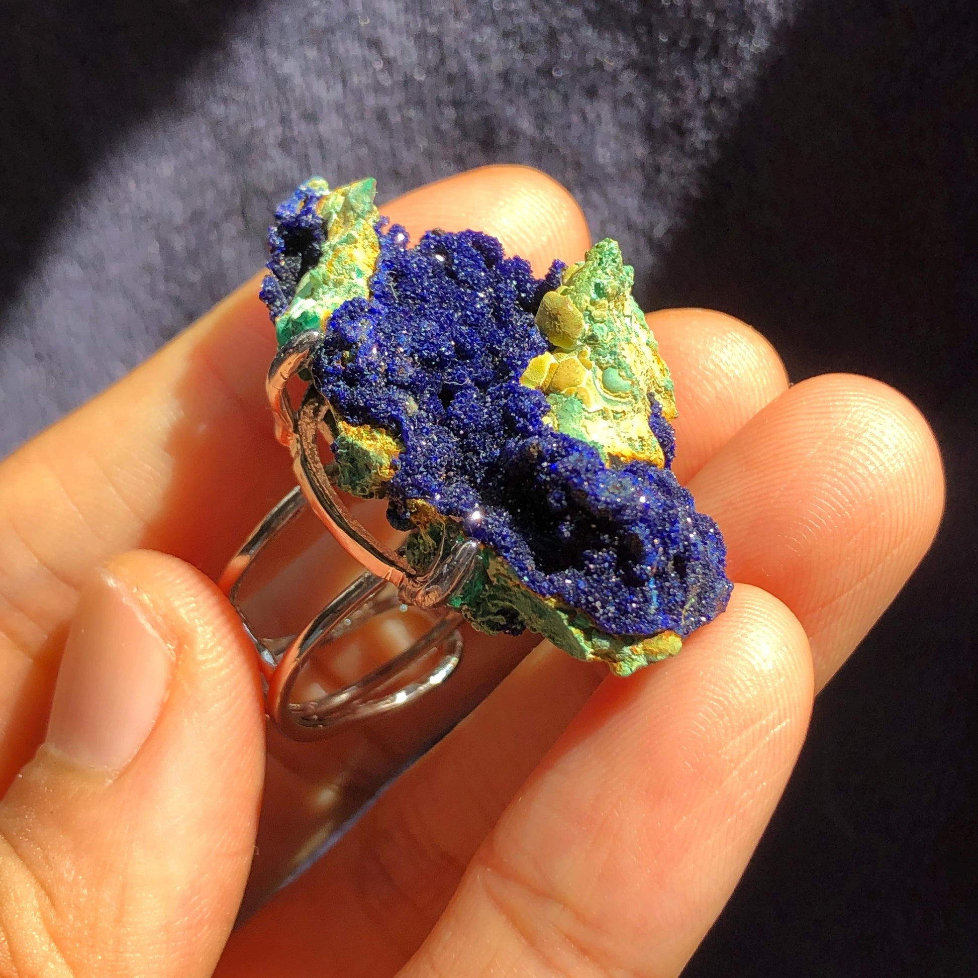 Raw Azurite Malachite Ring, Floating Island, Sparky Shiny Raw Stone Ring Big Raw Crystal Ring, Large Statement Ring, Chunky Irregular ring, silver-plated copper ring, gift for him and her, Huge Cocktail Ring for Men and Women, Adjustable Band Ring