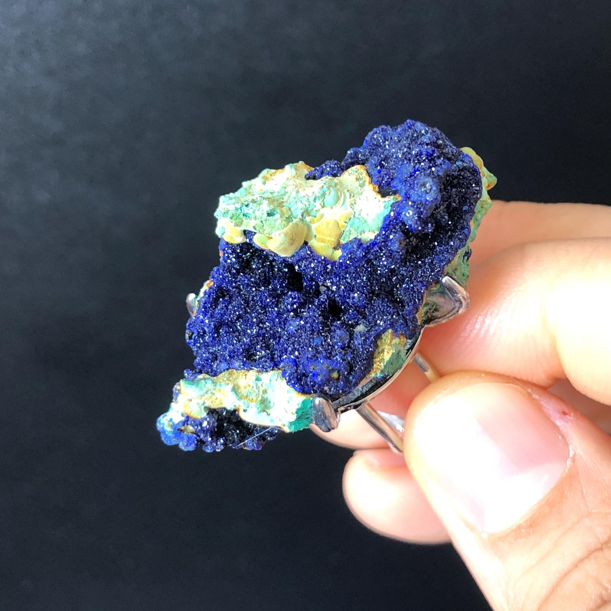 Raw Azurite Malachite Ring, Floating Island, Sparky Shiny Raw Stone Ring Big Raw Crystal Ring, Large Statement Ring, Chunky Irregular ring, silver-plated copper ring, gift for him and her, Huge Cocktail Ring for Men and Women, Adjustable Band Ring