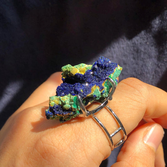 Raw Azurite Malachite Ring, Floating Island, Sparky Shiny Raw Stone Ring Big Raw Crystal Ring, Large Statement Ring, Chunky Irregular ring, silver-plated copper ring, gift for him and her, Huge Cocktail Ring for Men and Women, Adjustable Band Ring