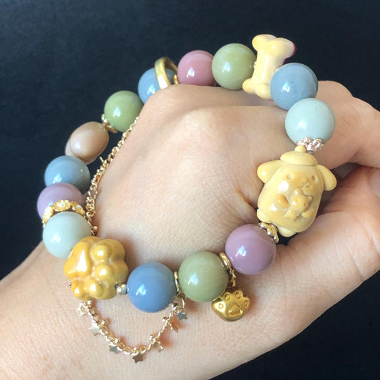 Alashan Agate Sanrio Pom Pom Purin with carved Dog Paw and Bone charm Bead Crystal Bracelet | Gemstone custom made | Removable Chain Dangler, macaroon rainbow colour, gold-plated accessories, crystal bead bracelet, dog paw charm, born charm, big bead