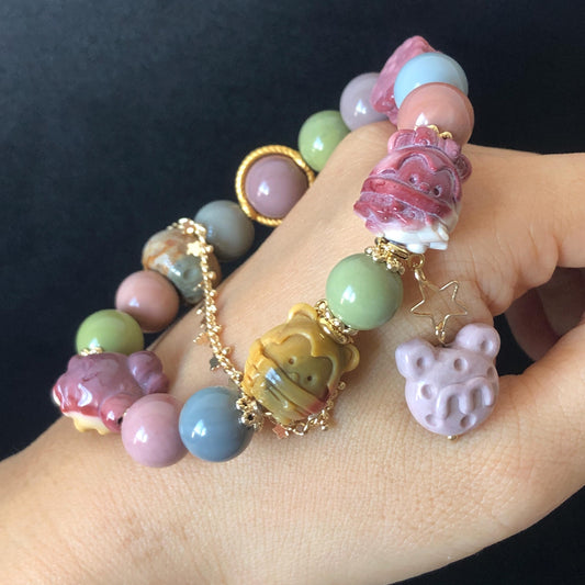 Alashan Agate Disney Micky Minnie Mouse with Candy Donut Ribbon Bead Bracelet | Removable Dangler Chain | Macaroon Rainbow Crystal Gemstone