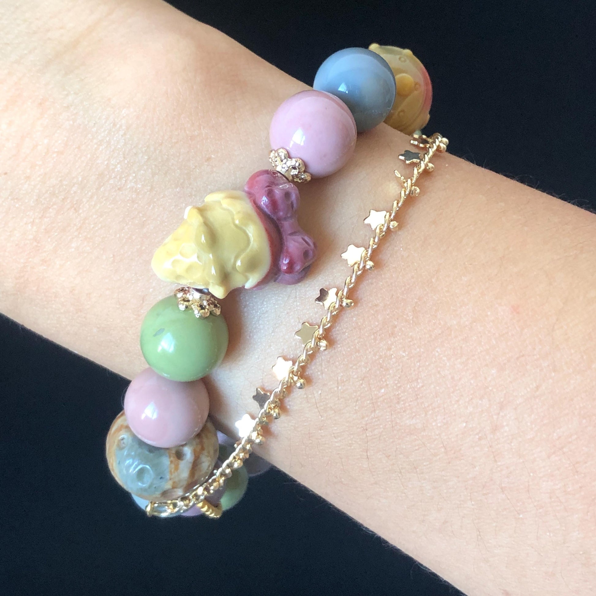 Alashan Agate Disney Micky Minnie Mouse with Candy Donut Ribbon Bead Bracelet | Removable Dangler Chain | Macaroon Rainbow Crystal Gemstone