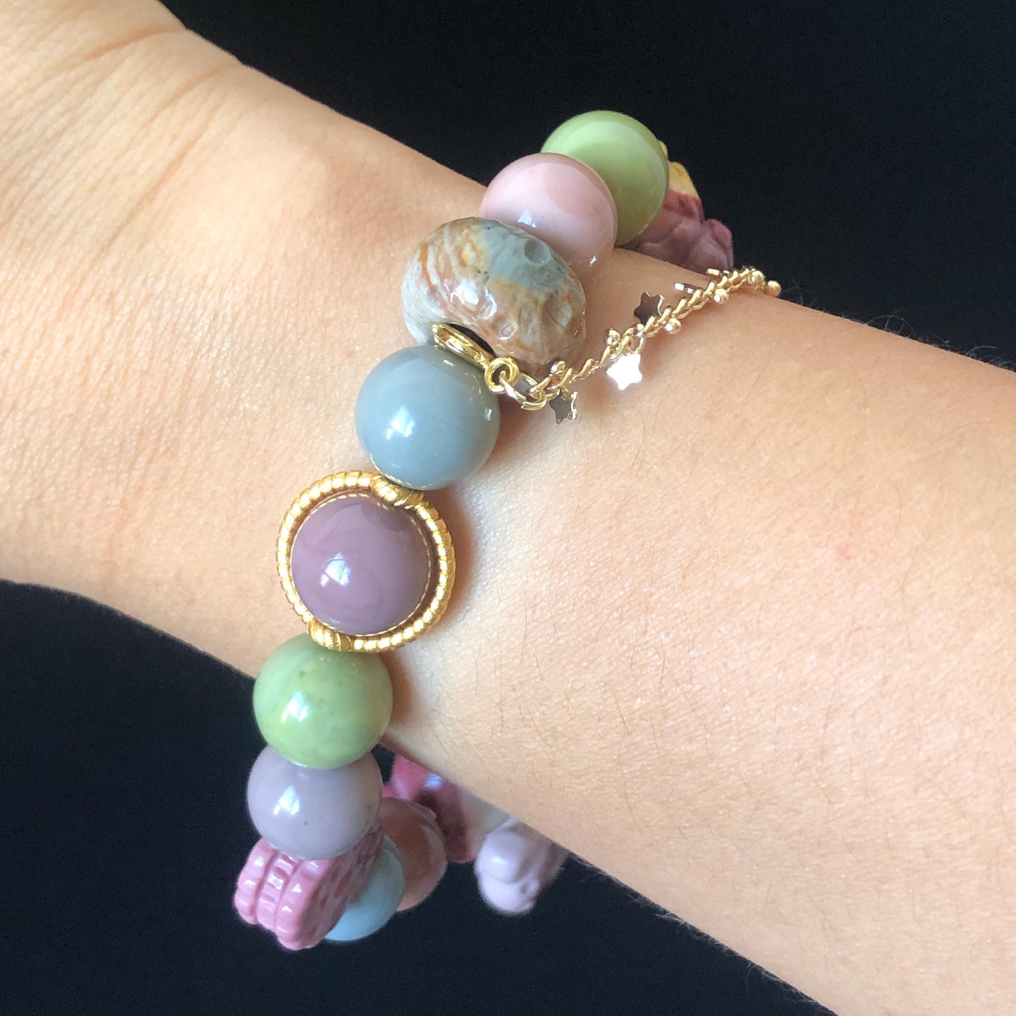 Alashan Agate Disney Micky Minnie Mouse with Candy Donut Ribbon Bead Bracelet | Removable Dangler Chain | Macaroon Rainbow Crystal Gemstone