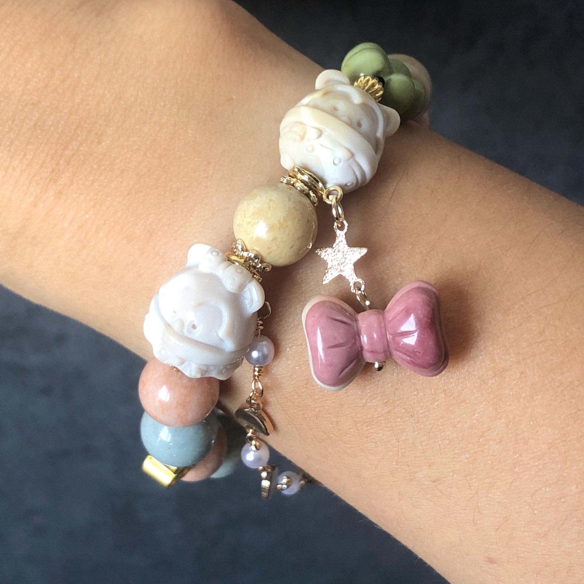 Alashan Agate Disney Micky Minnie Mouse, with carved Ribbon and Flower, Bead Bracelet, Removable Dangler Chain, Milky Macaroon Color, Crystal Gemstone Stone Bracelet, carved gemstone bead, gold-plated accessory, gift for her and him, custom made