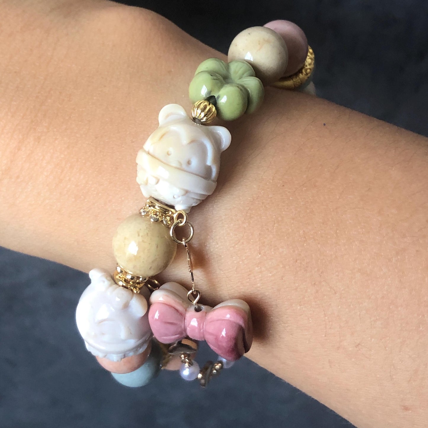 Alashan Agate Disney Micky Minnie Mouse, with carved Ribbon and Flower, Bead Bracelet, Removable Dangler Chain, Milky Macaroon Color, Crystal Gemstone Stone Bracelet, carved gemstone bead, gold-plated accessory, gift for her and him, custom made