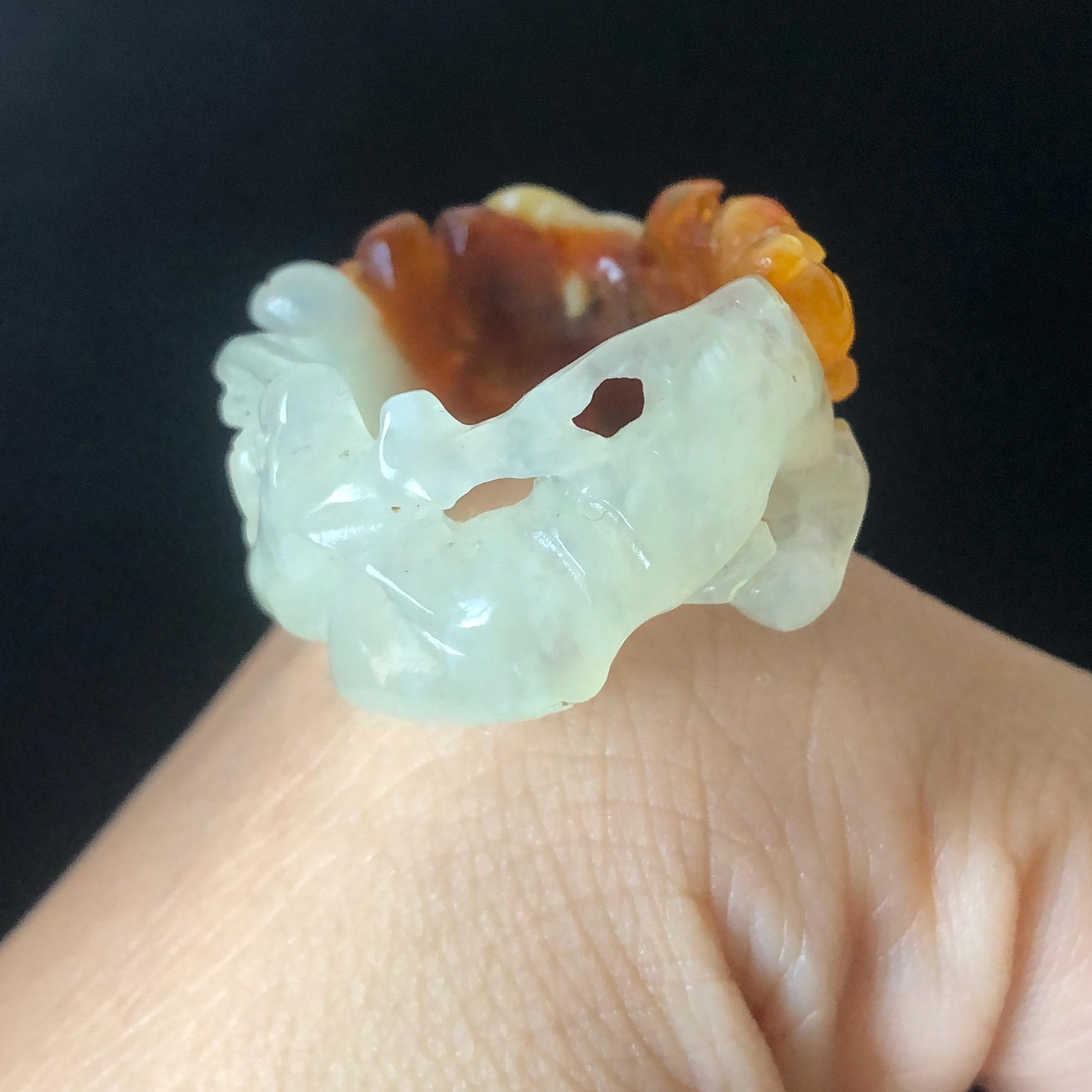 Natural Xiu Jade Hand Carved Bird, Flower, Tree Branches Ring, 17.3mm (US 6.5-7), Red & White, Serpentine Stone Crystal Gemstone Gift for her and him, jade statement ring, jade band ring, thumb ring, ring pendant, engarved flower ring