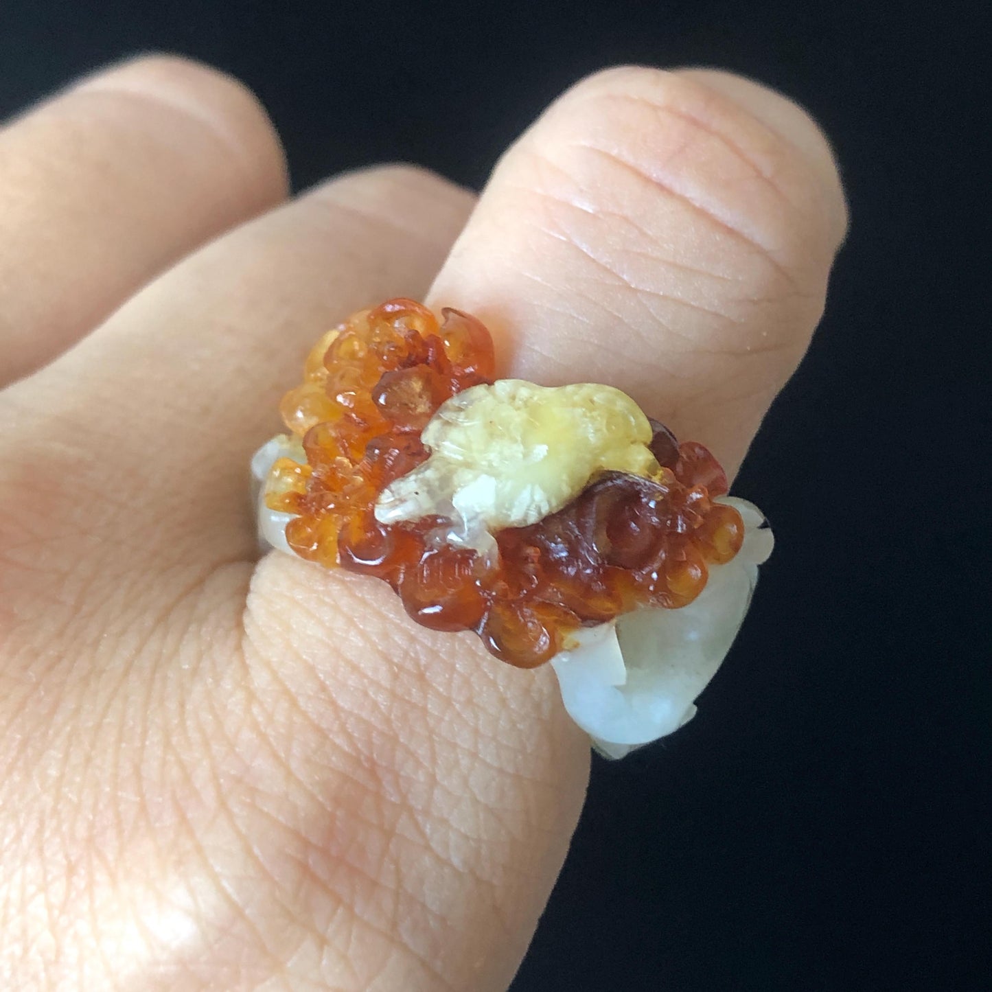 Natural Xiu Jade Hand Carved Bird, Flower, Tree Branches Ring, 17.3mm (US 6.5-7), Red & White, Serpentine Stone Crystal Gemstone Gift for her and him, jade statement ring, jade band ring, thumb ring, ring pendant, engarved flower ring