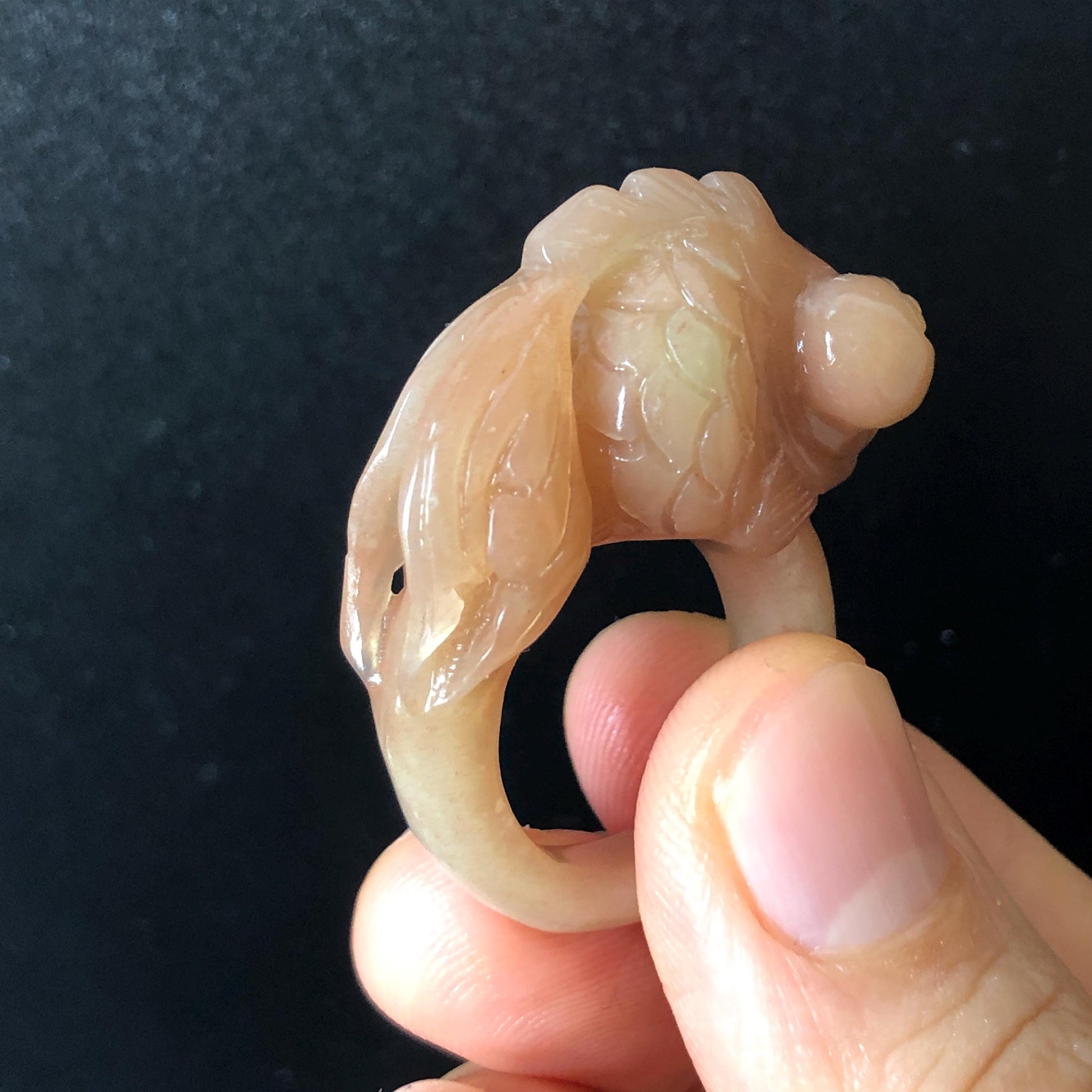 Natural Xiu Jade Hand Carved Goldfish Ring | 17mm (US 7-7.5) | Carol Orange Band Ring | Serpentine Crystal Stone Gemstone Statement Ring, carved stone ring, engraved gemstone ring, hand carved crystal ring, cute fish ring, jade carving, gift for her