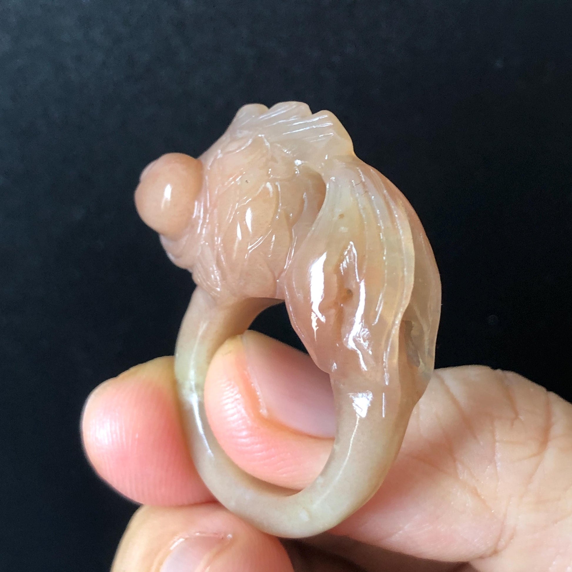 Natural Xiu Jade Hand Carved Goldfish Ring | 17mm (US 7-7.5) | Carol Orange Band Ring | Serpentine Crystal Stone Gemstone Statement Ring, carved stone ring, engraved gemstone ring, hand carved crystal ring, cute fish ring, jade carving, gift for her