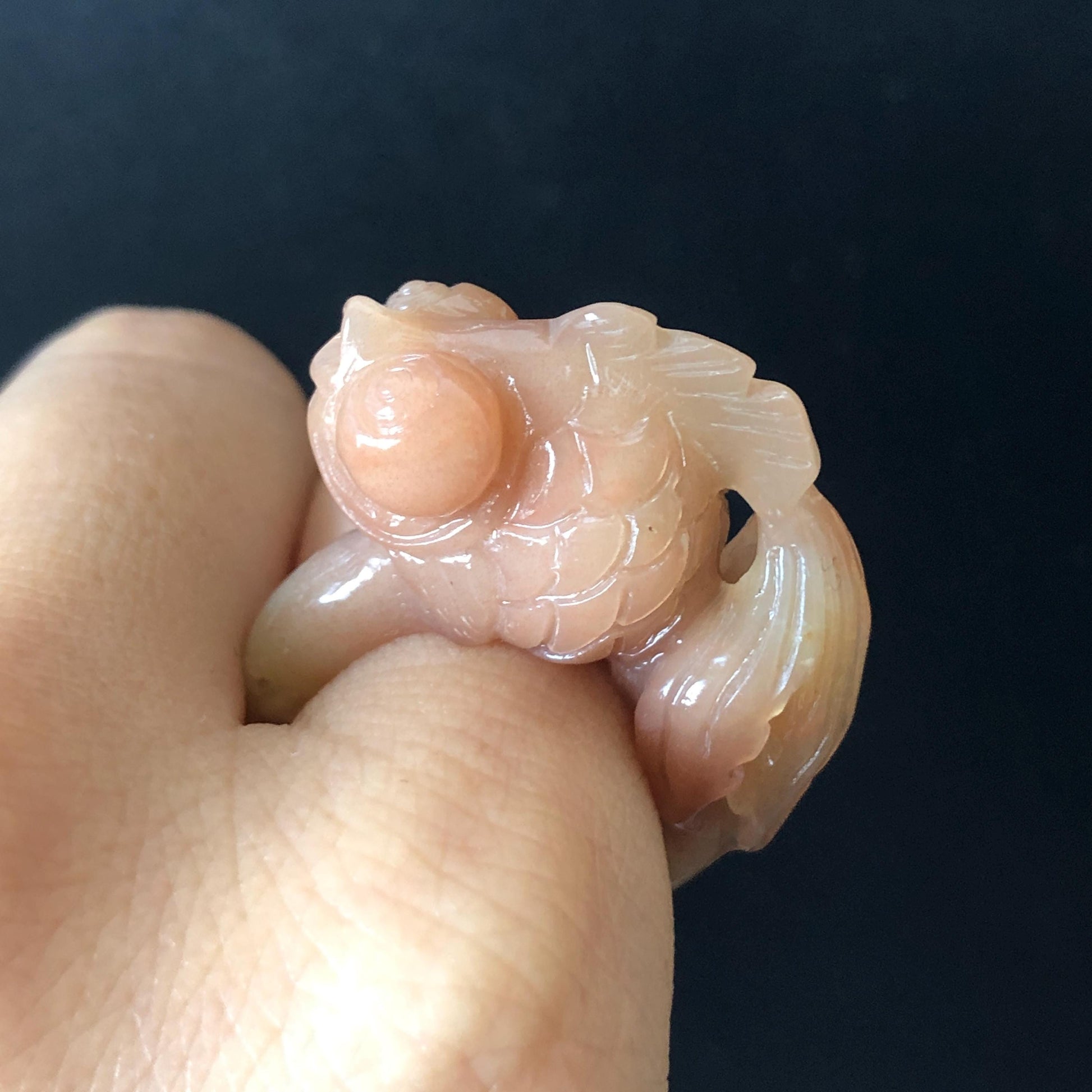 Natural Xiu Jade Hand Carved Goldfish Ring | 17mm (US 7-7.5) | Carol Orange Band Ring | Serpentine Crystal Stone Gemstone Statement Ring, carved stone ring, engraved gemstone ring, hand carved crystal ring, cute fish ring, jade carving, gift for her