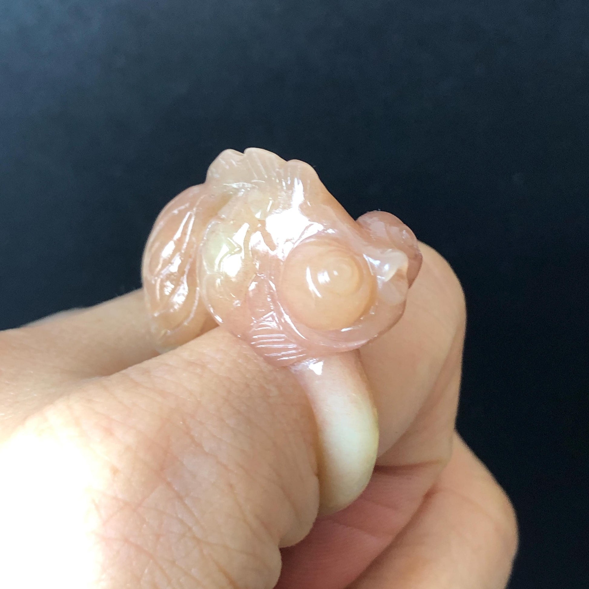 Natural Xiu Jade Hand Carved Goldfish Ring | 17mm (US 7-7.5) | Carol Orange Band Ring | Serpentine Crystal Stone Gemstone Statement Ring, carved stone ring, engraved gemstone ring, hand carved crystal ring, cute fish ring, jade carving, gift for her