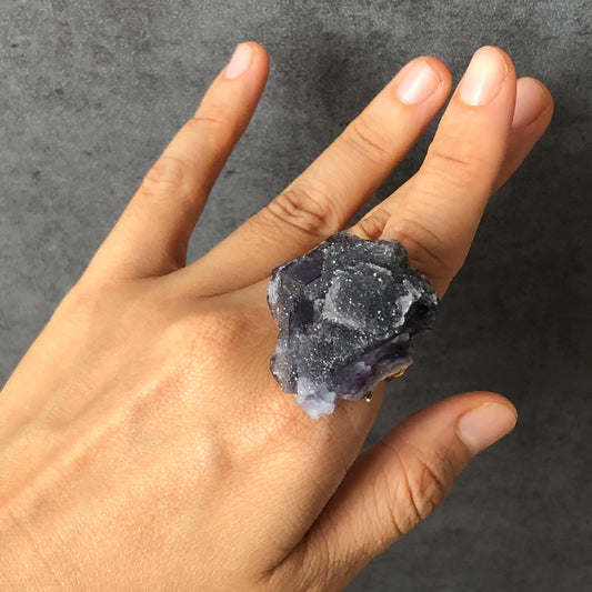 Raw Fluorite Ring, Deep Purple Cube, Sparky Large Raw Stone Ring Big Crystal Ring, Chunky Irregular ring gift, Huge Statement Ring, large cocktail ring, adjustable band ring, raw mineral ring, purple crystal gemstone, birthstone gift man women