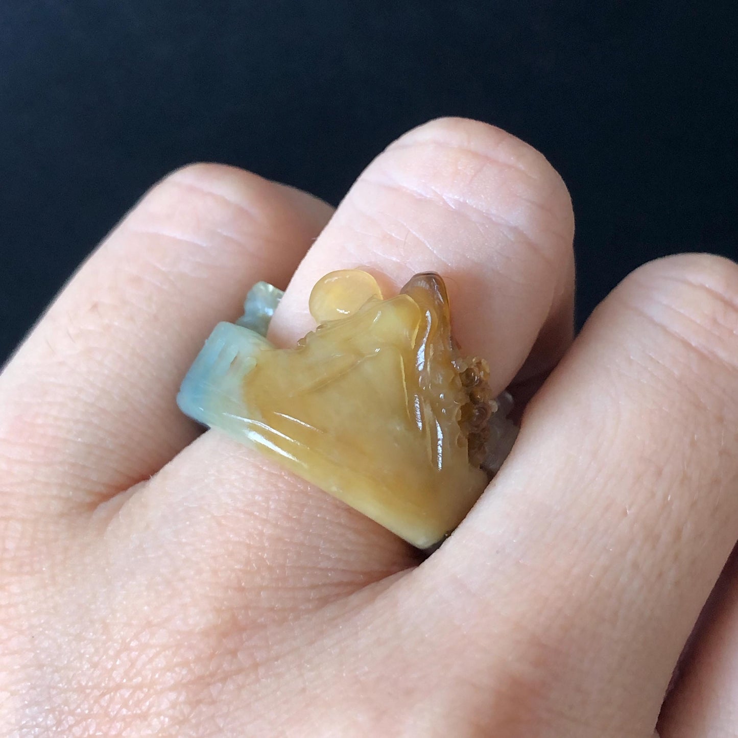 Xiu Jade Hand Carved Landscape Ring | 16.2mm (US 7-7.5) | multicolor | Serpentine Stone | Statement Ring | Thumb Ring Pendant Gift, Engraved Mountain Tree Countryside Ring, Jade Carving, greenish blue, white, yellow, reddish brown, Chinese Painting