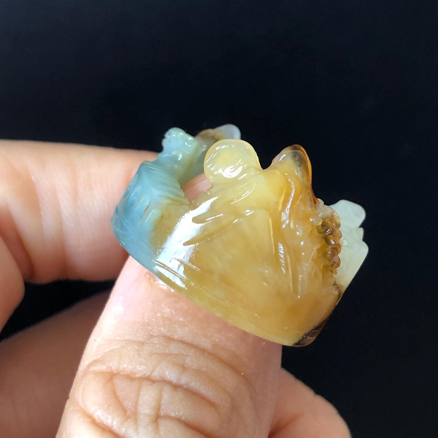 Xiu Jade Hand Carved Landscape Ring | 16.2mm (US 7-7.5) | multicolor | Serpentine Stone | Statement Ring | Thumb Ring Pendant Gift, Engraved Mountain Tree Countryside Ring, Jade Carving, greenish blue, white, yellow, reddish brown, Chinese Painting