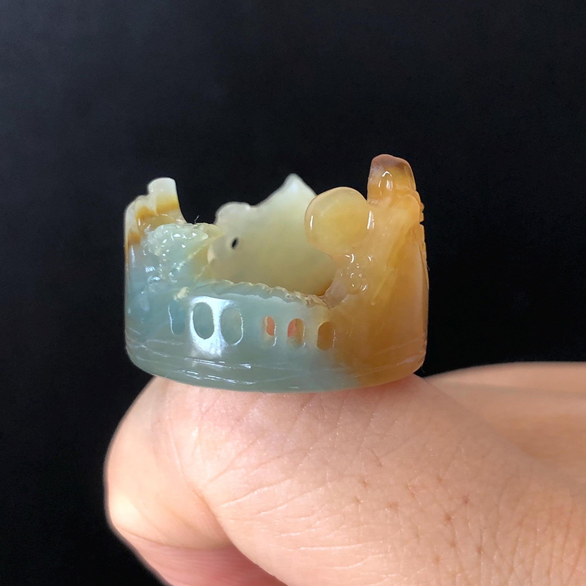 Xiu Jade Hand Carved Landscape Ring | 16.2mm (US 7-7.5) | multicolor | Serpentine Stone | Statement Ring | Thumb Ring Pendant Gift, Engraved Mountain Tree Countryside Ring, Jade Carving, greenish blue, white, yellow, reddish brown, Chinese Painting