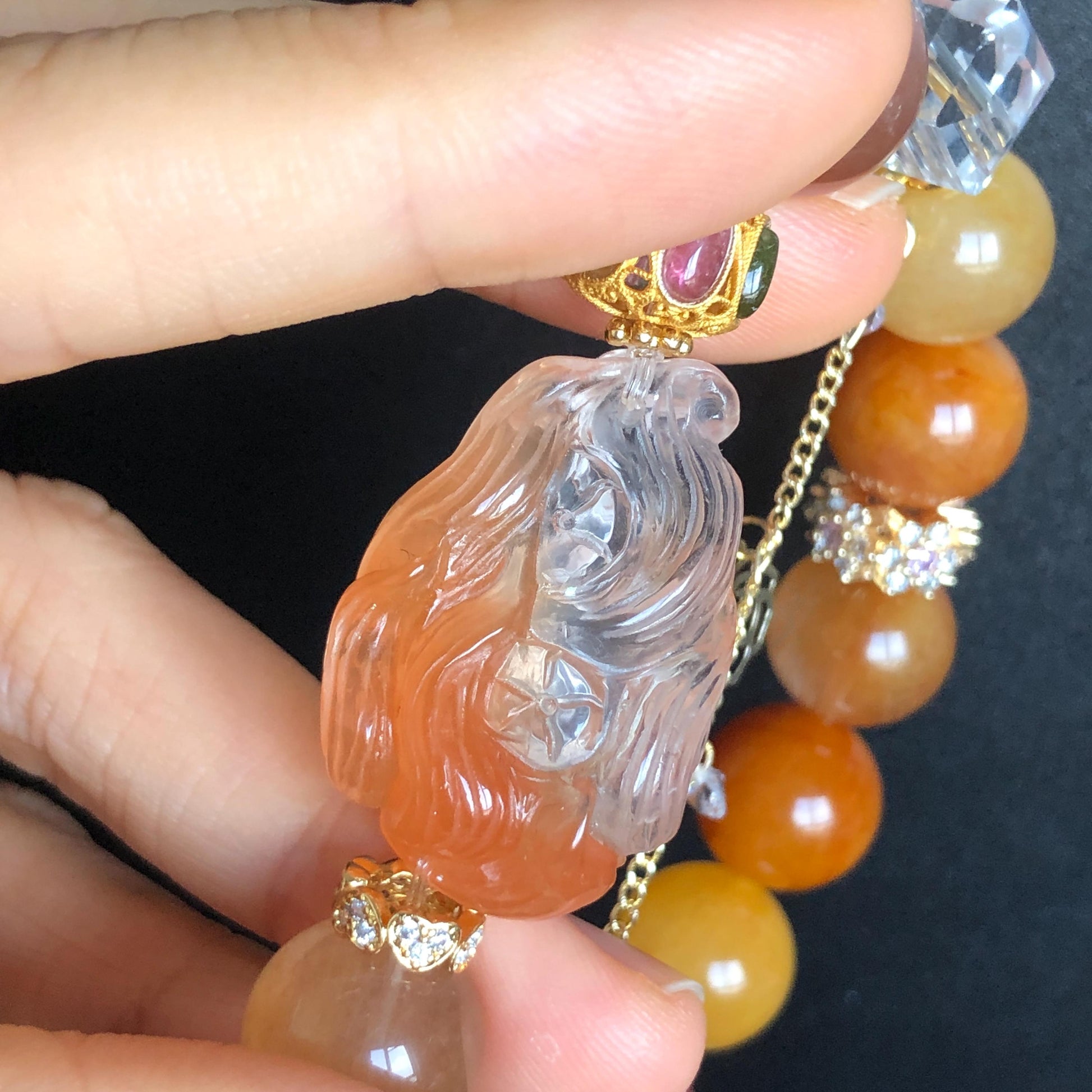 Multicolour Rutilated Quartz Carved Nine-tailed Fox Charm Crystal Big Bead Customized Bracelet with Clear Quartz | Removable Crystal Tassel, tourmaline charm, red rutilated quartz, yellow rutilated quartz, transformation stone, abundance crystal