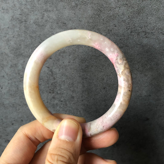 52.8mm Natural Rhodonite Bangle | Ice Queen | Raw Stone Bracelet | Healing Stone Gift for her | Rhodonite Jewelry for Women | Gemstone Gift, white stone bangle, pink stone bangle, raw crystal bangle, love stone jewelry, small size bangle