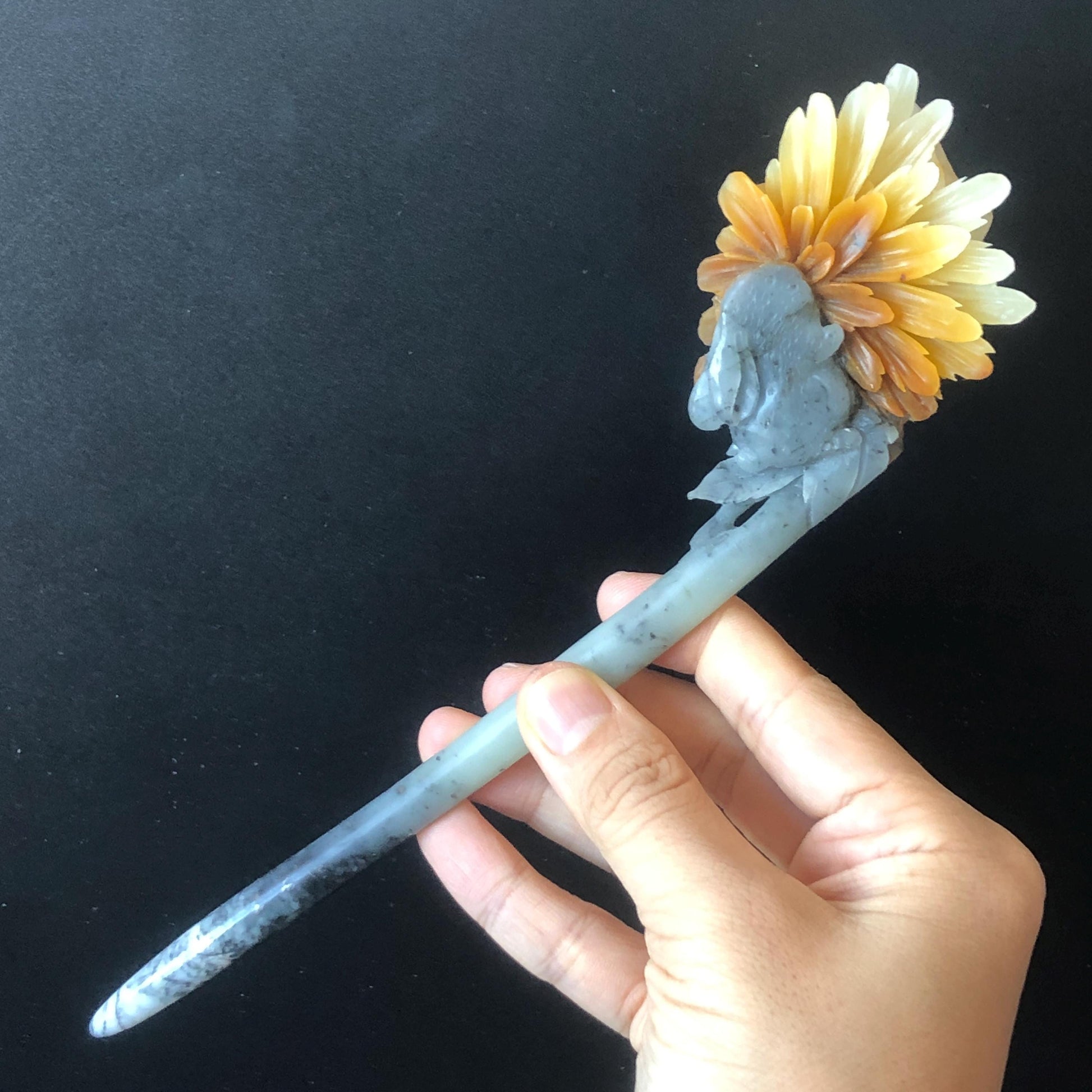 Natural Xiu Jade Serpentine Hand Carved Rabbit Bunny & Flower Chrysanthemum Hair Pin | Multi-colour Jade Hair Stick | Chinses Vintage Style, Korean Style Hair Stick, Japanese Hairpin, Antique hair comb, Gift for her, Jade carving, carved flower jade