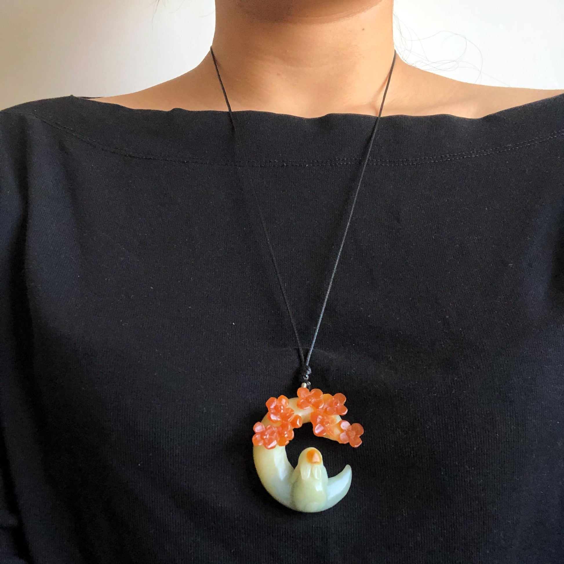 Certified Xiu Jade Pendant Necklace | Carved Moon Engraved Rabbit & Flower | Adjustable Choker Necklace | Serpentine Gemstone Gift for her, red jade pendant, yellow jade necklace, blue jade, jade carving, engraved jade charm, moon necklace