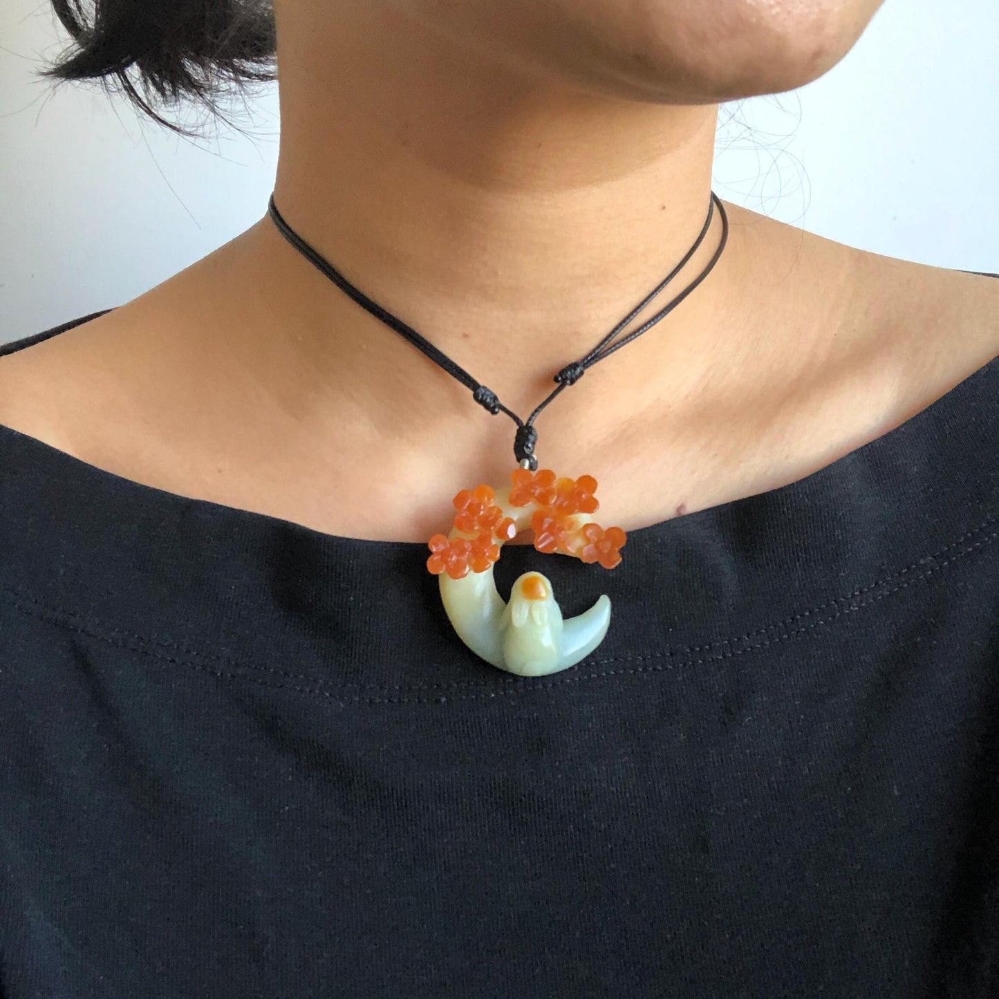 Certified Xiu Jade Pendant Necklace | Carved Moon Engraved Rabbit & Flower | Adjustable Choker Necklace | Serpentine Gemstone Gift for her, red jade pendant, yellow jade necklace, blue jade, jade carving, engraved jade charm, moon necklace