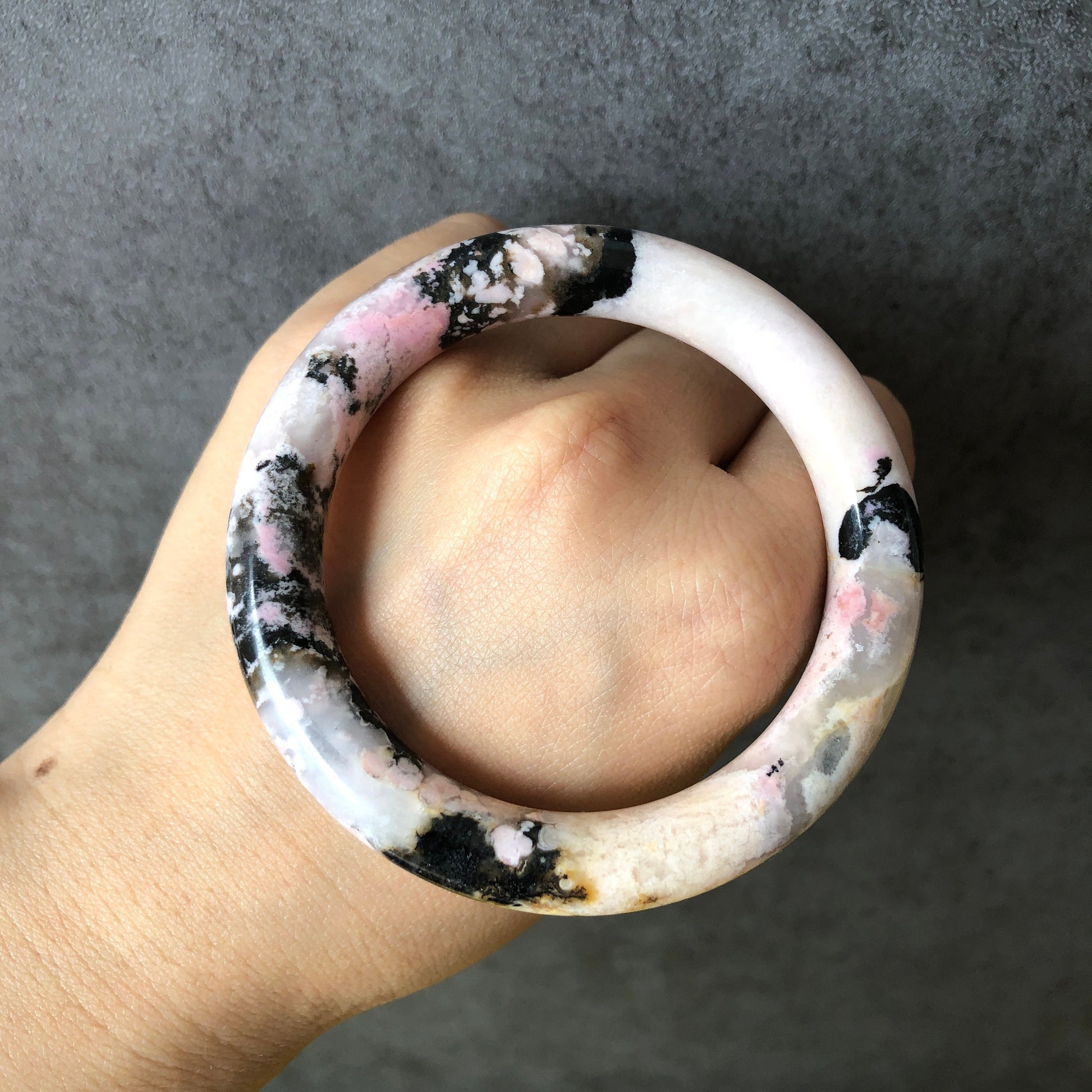 53.7mm Rhodonite Stone Bangle Crystal Bracelet | Milky White & Black Ink | Pink White Chinese brush painting | Healing Stone Gift for her