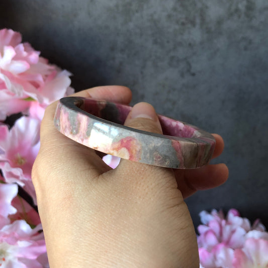 52.3mm Natural Pink Rhodonite Stone Bangle Bracelet | Baby Whale | Pink & Blue | Crystal Bangle Raw Gemstone Bracelet | Healing Crystal Gift