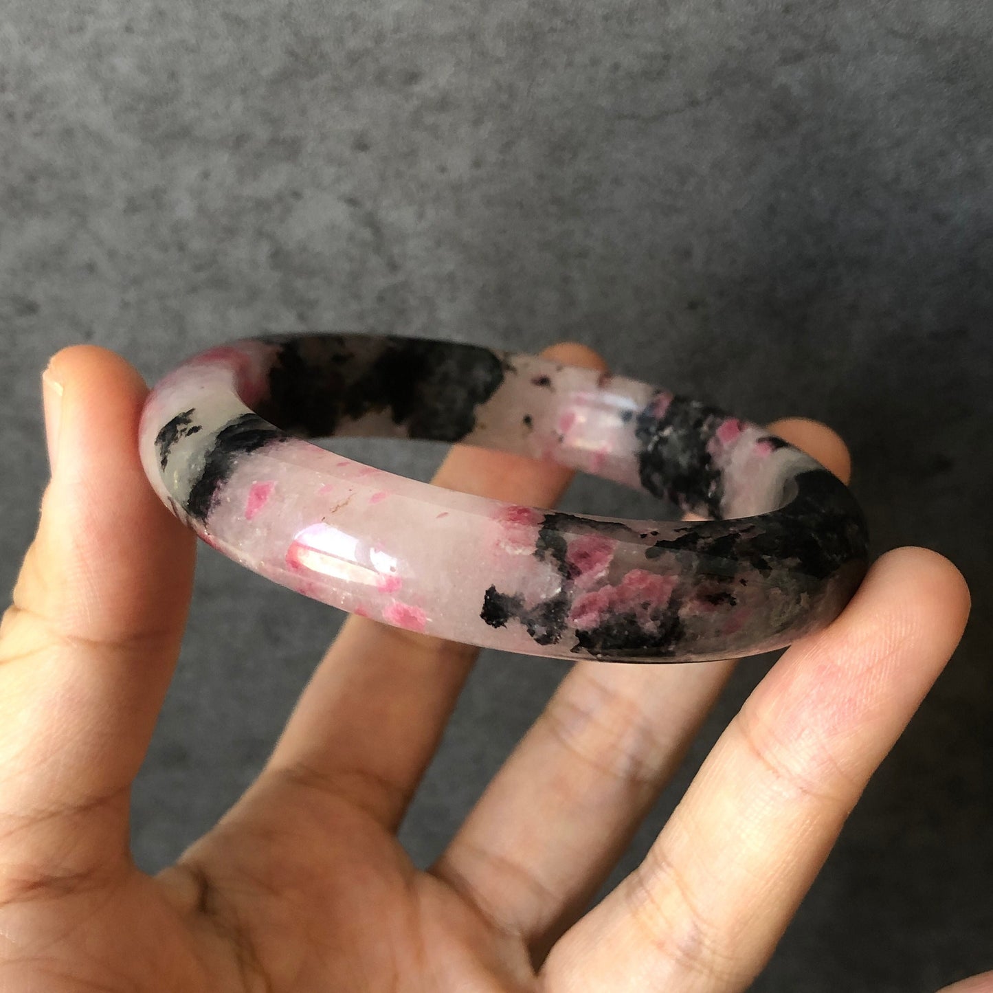 56.6mm Natural Rhodonite Stone Bangle | Milky Pink Plum Cherry Blossom Sakura Rain | Chinese Painting Danqing | Healing Crystal Bracelet