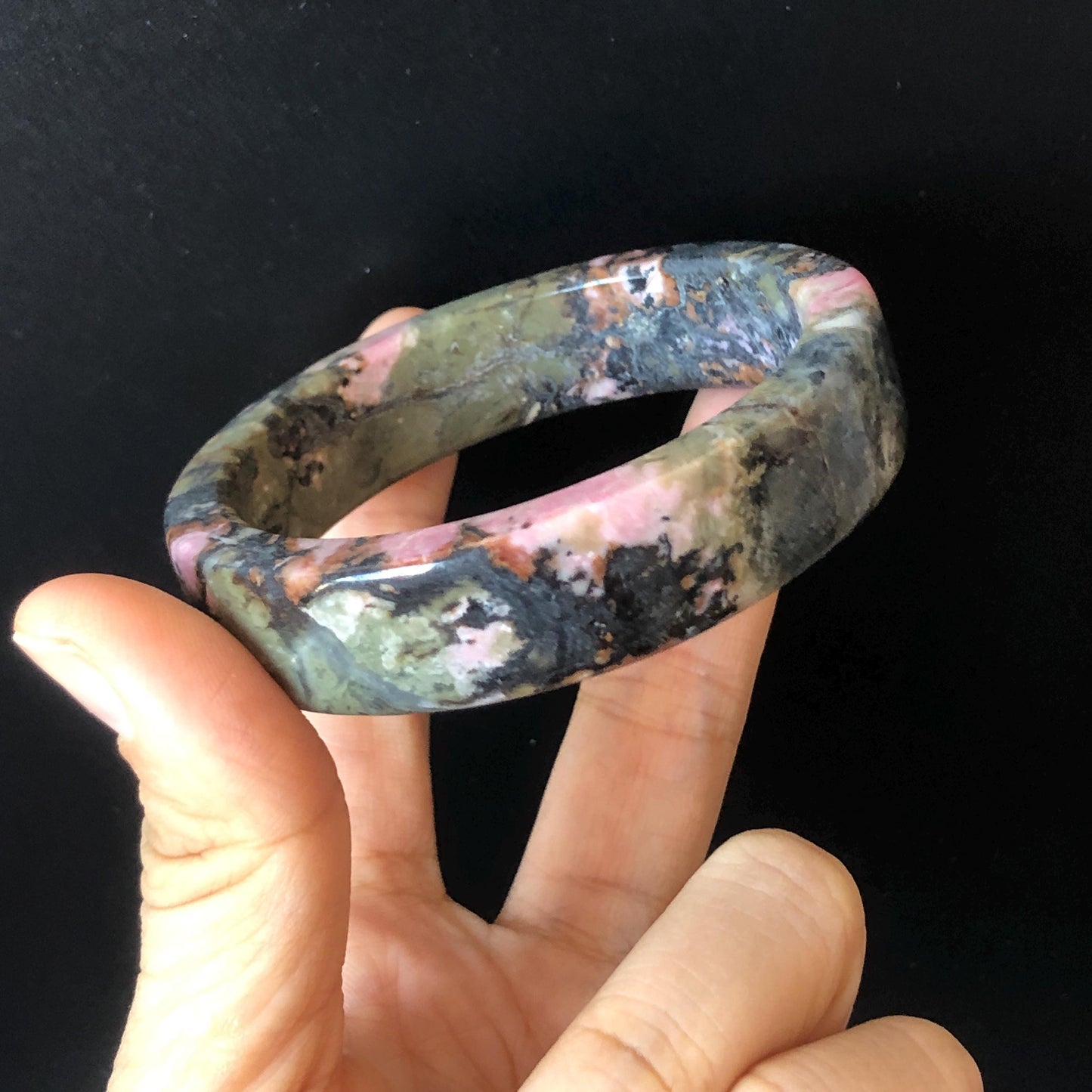 57mm Natural Rhodonite Bangle Bracelet | Pink, Deep Green with Black Ink | Cool & Wild | Healing Stone Crystal gemstone Bangle Gift for Her, women bangle, green stone bangle, baby pink bangle, punk bracelet, gothic bangle, untreated stone bangle