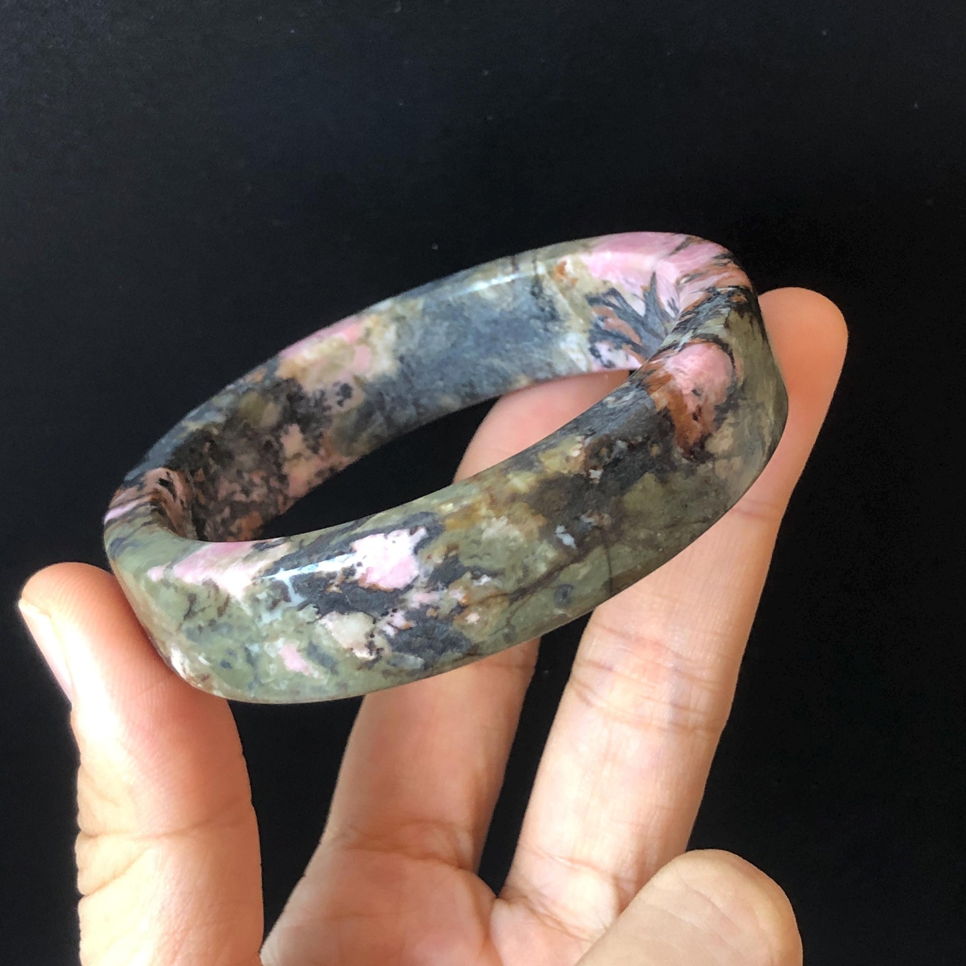 57mm Natural Rhodonite Bangle Bracelet | Pink, Deep Green with Black Ink | Cool & Wild | Healing Stone Crystal gemstone Bangle Gift for Her, women bangle, green stone bangle, baby pink bangle, punk bracelet, gothic bangle, untreated stone bangle