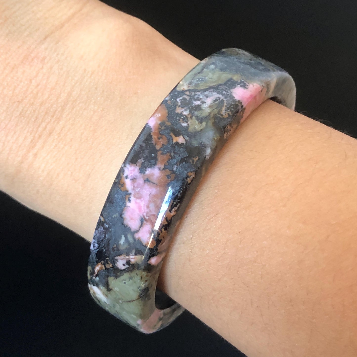57mm Natural Rhodonite Bangle Bracelet | Pink, Deep Green with Black Ink | Cool & Wild | Healing Stone Crystal gemstone Bangle Gift for Her, women bangle, green stone bangle, baby pink bangle, punk bracelet, gothic bangle, untreated stone bangle