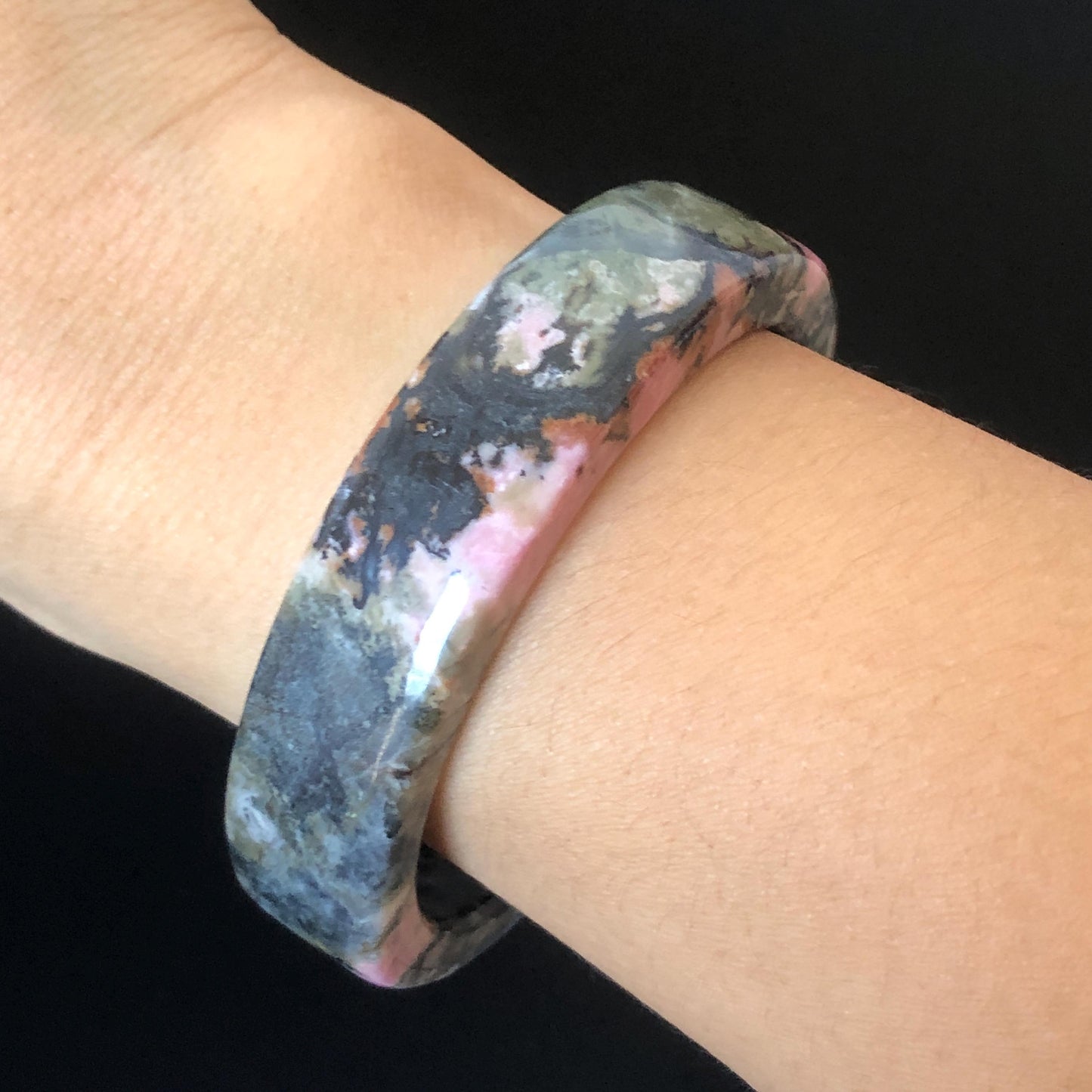 57mm Natural Rhodonite Bangle Bracelet | Pink, Deep Green with Black Ink | Cool & Wild | Healing Stone Crystal gemstone Bangle Gift for Her, women bangle, green stone bangle, baby pink bangle, punk bracelet, gothic bangle, untreated stone bangle