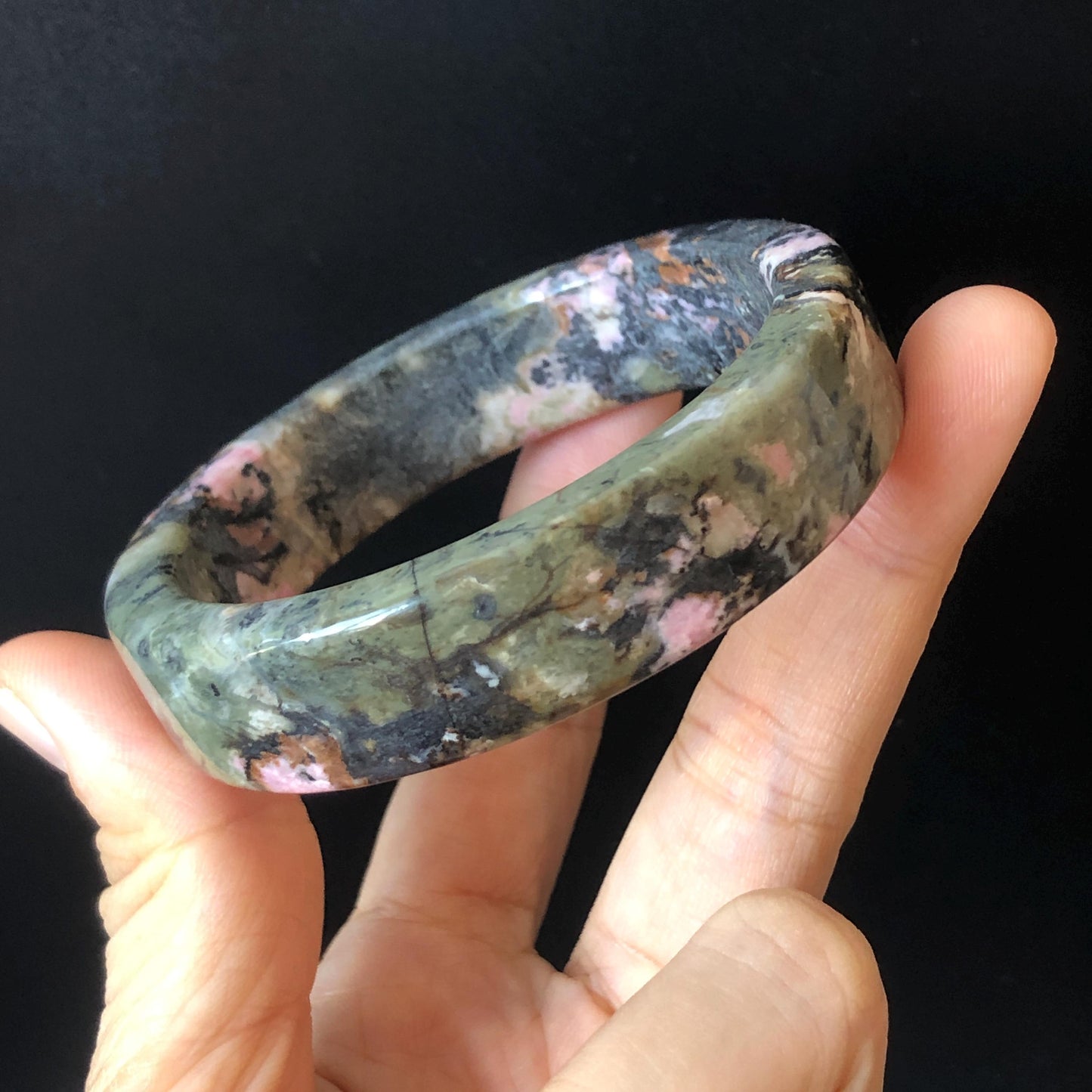 57mm Natural Rhodonite Bangle Bracelet | Pink, Deep Green with Black Ink | Cool & Wild | Healing Stone Crystal gemstone Bangle Gift for Her, women bangle, green stone bangle, baby pink bangle, punk bracelet, gothic bangle, untreated stone bangle
