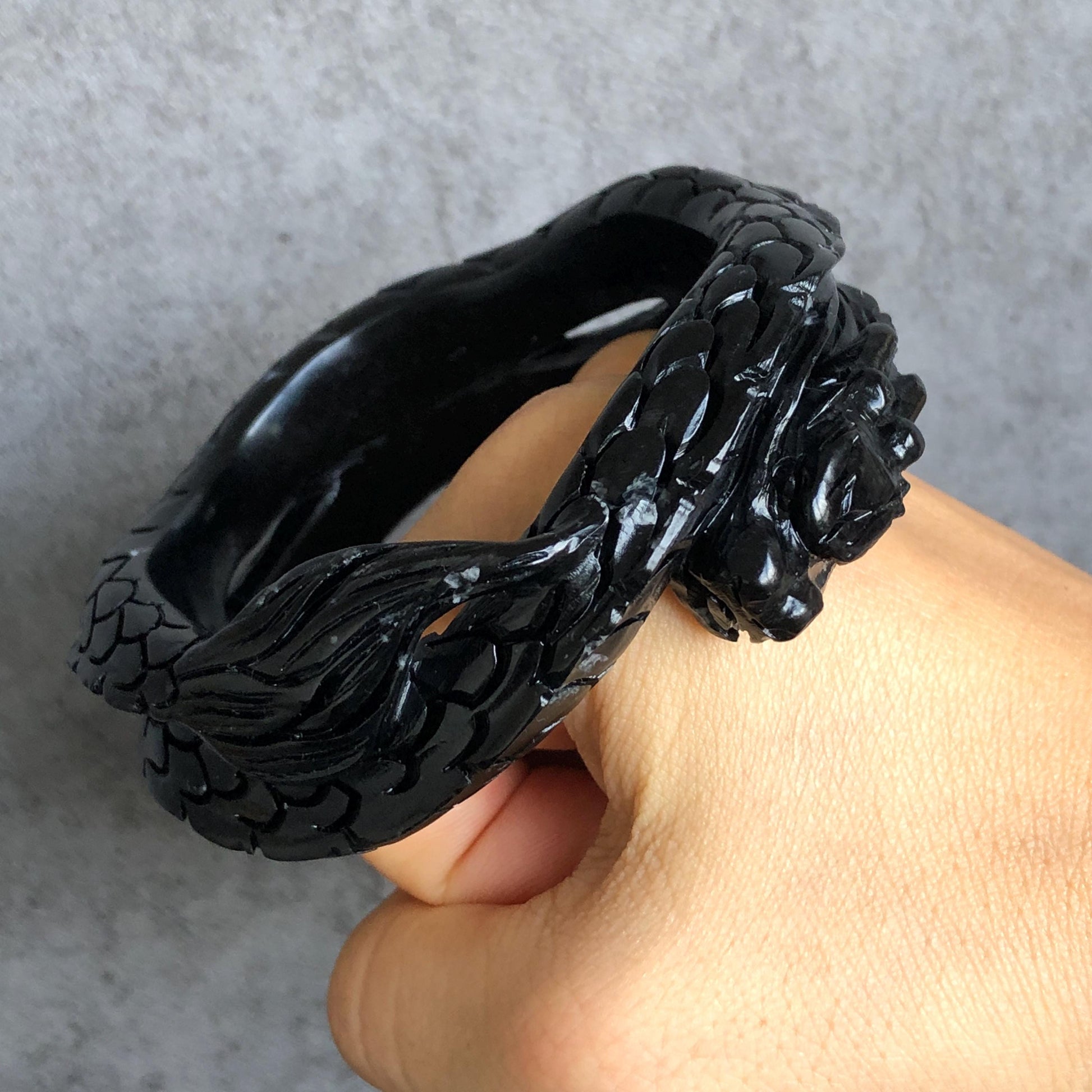 Customised size 48-70mm | 58.6mm Certificated Natural Xiu Jade Serpentine Hand Craved Black Dragon Bangle Bracelet Gift for Men & Women