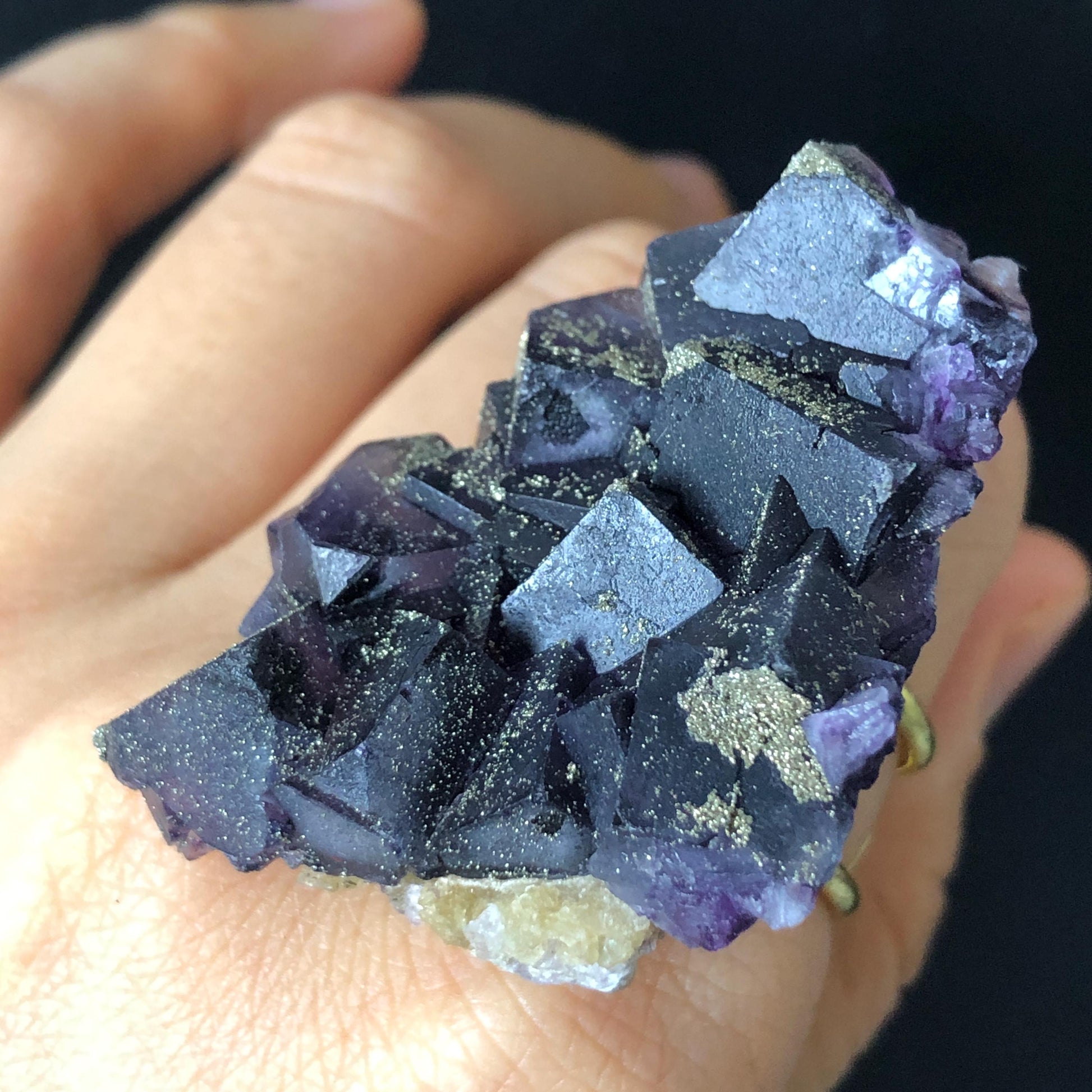 Raw Purple Fluorite with Gold Pyrite Ring Adjustable Statement Band Ring, Big Crystal Ring Large Statement Ring, Huge Irregular Ring Gift for him, Men Statement ring, bold modern ring, purple stone ring, birthstone ring for her, Big Cocktail Ring