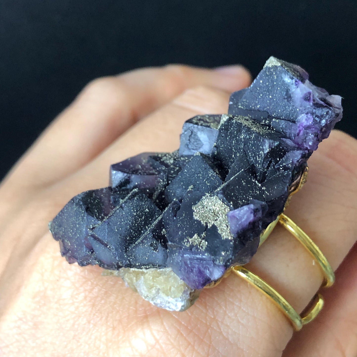 Raw Purple Fluorite with Gold Pyrite Ring Adjustable Statement Band Ring, Big Crystal Ring Large Statement Ring, Huge Irregular Ring Gift for him, Men Statement ring, bold modern ring, purple stone ring, birthstone ring for her, Big Cocktail Ring