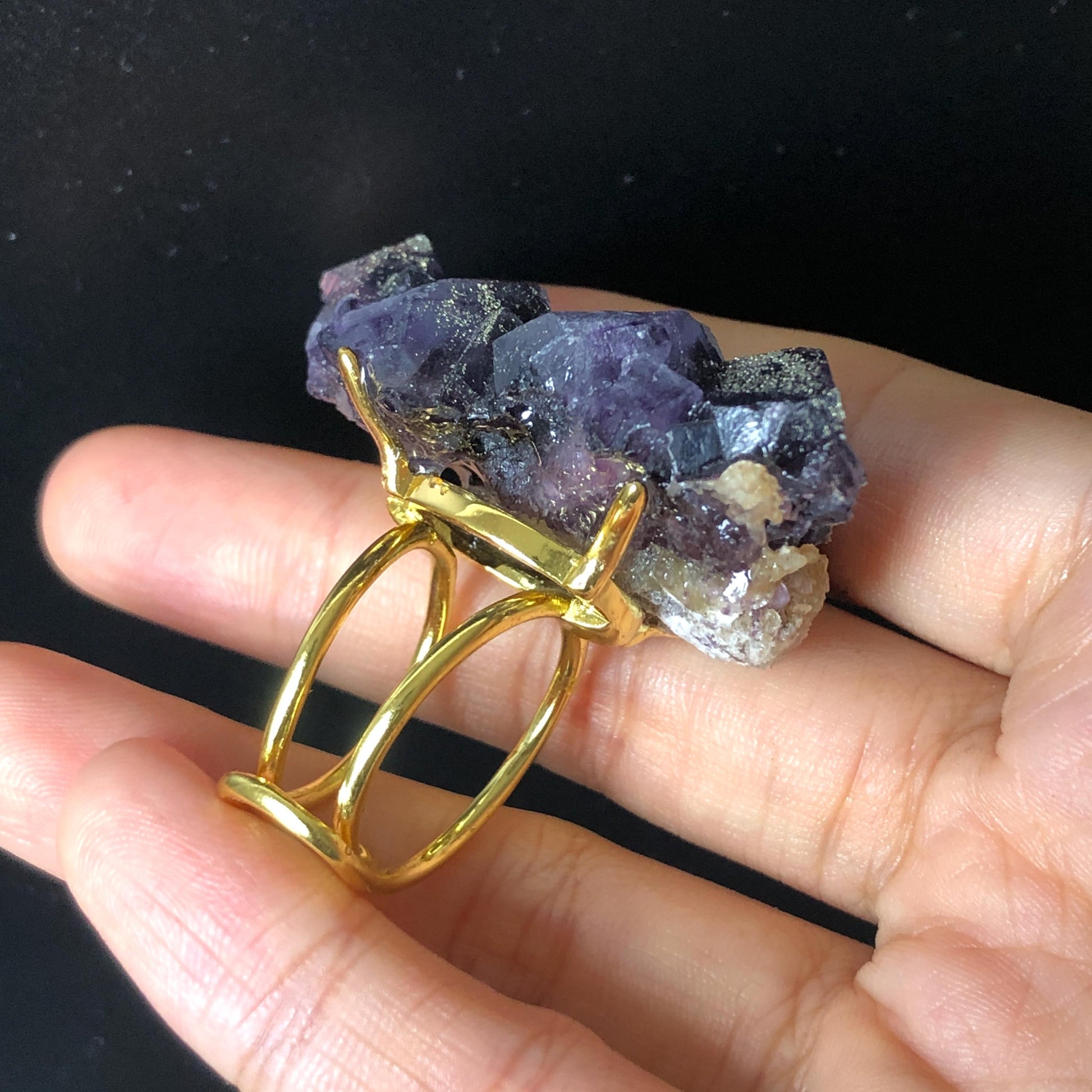 Raw Purple Fluorite with Gold Pyrite Ring Adjustable Statement Band Ring, Big Crystal Ring Large Statement Ring, Huge Irregular Ring Gift for him, Men Statement ring, bold modern ring, purple stone ring, birthstone ring for her, Big Cocktail Ring