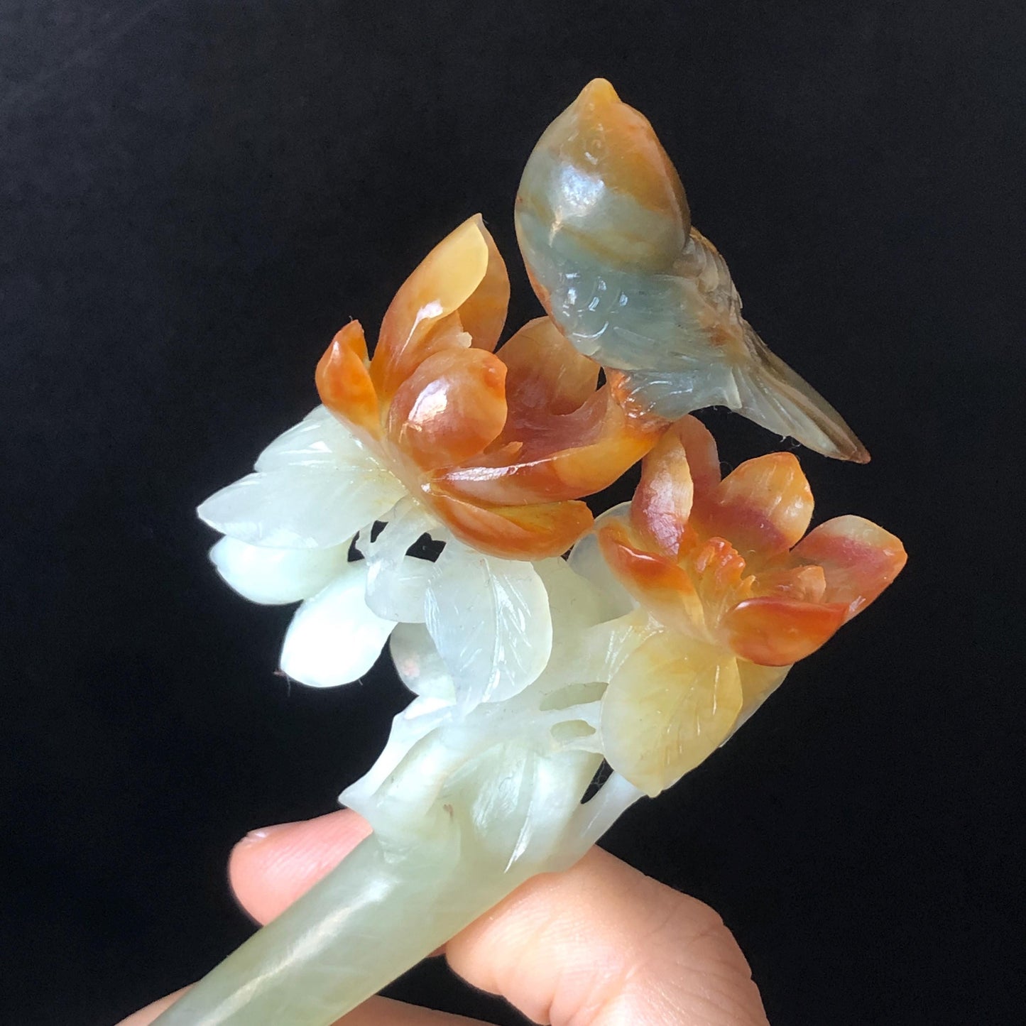 Certified Natural Xiu Jade Serpentine Hand Carved Multicolour Bird & Flower Hair Pin | Jade Hair Stick | Asian Chinses Vintage gift for her