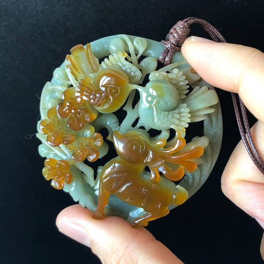 Certified Natural Xiu Jade Serpentine Hand Carved Magpie Birds, Deer and Flower Pendant Adjustable Necklace | Greenish Blue & Caramel Brown, jade carving, stone pendant adjustable necklace choker, multicoloured jade, green jade charm brown jade gift