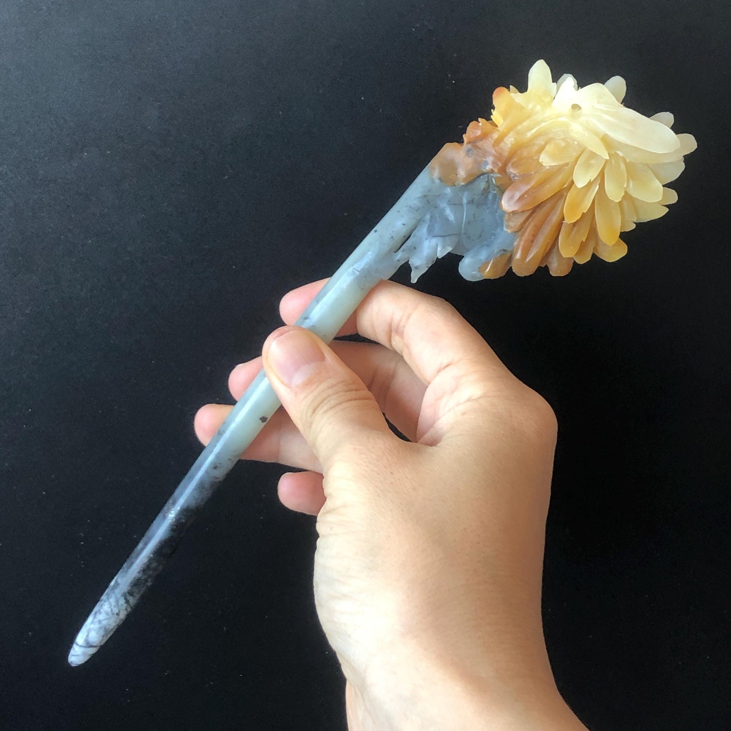 Natural Xiu Jade Serpentine Hand Carved Rabbit Bunny & Flower Chrysanthemum Hair Pin | Multi-colour Jade Hair Stick | Chinses Vintage Style, Korean Style Hair Stick, Japanese Hairpin, Antique hair comb, Gift for her, Jade carving, carved flower jade