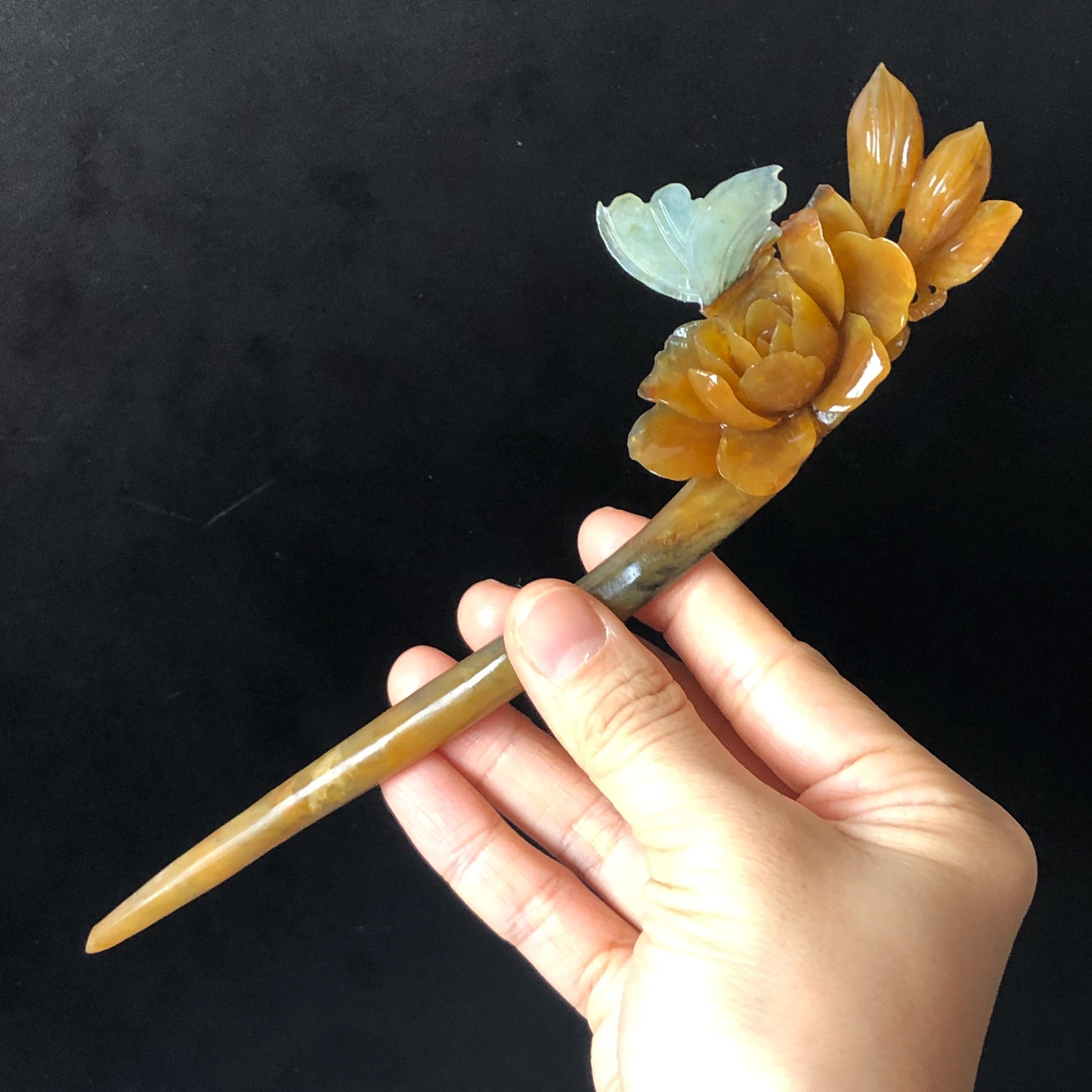 Certificate Natural Xiu Jade Serpentine Hand Carved Blue Butterfly & Brown Camellia Flower Hair Pin Jade Hair Stick Asian Chinese Style, hanfu hair fork, korean hairpins, japanese hair comb, antique hair pins, jade carving, blue jade, bridal hairpin